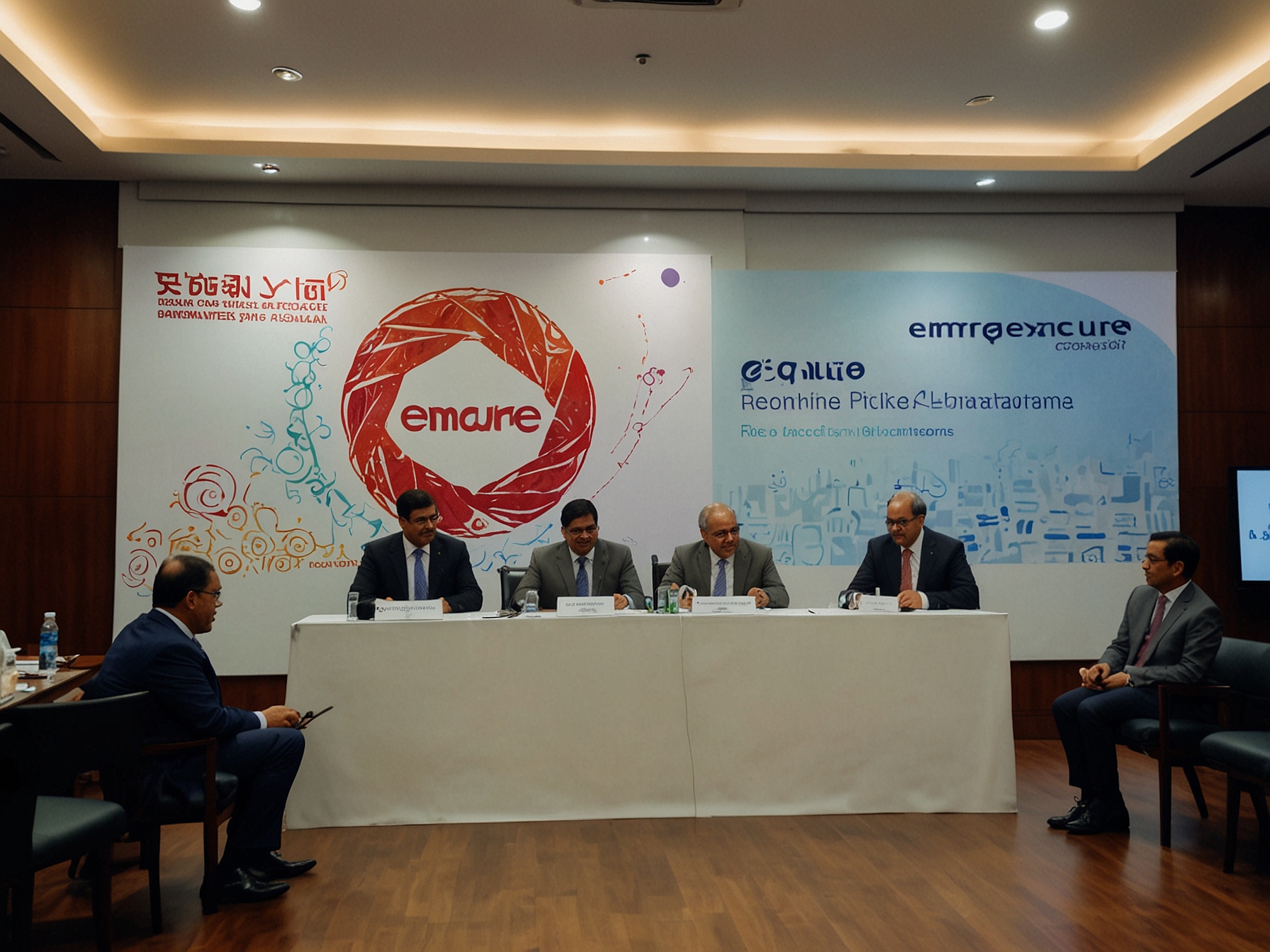 Emcure Pharmaceuticals logo prominently displayed at a press conference announcing the success of their IPO pre-raise of ₹582 crore from anchor investors.
