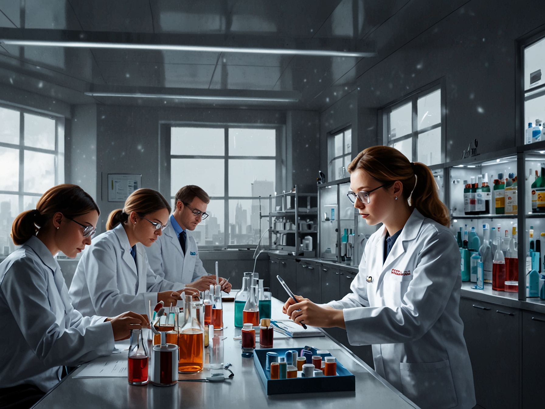 A group of scientists working in a state-of-the-art Emcure Pharmaceuticals laboratory, emphasizing the company's strong focus on R&D and innovation in the pharmaceutical sector.