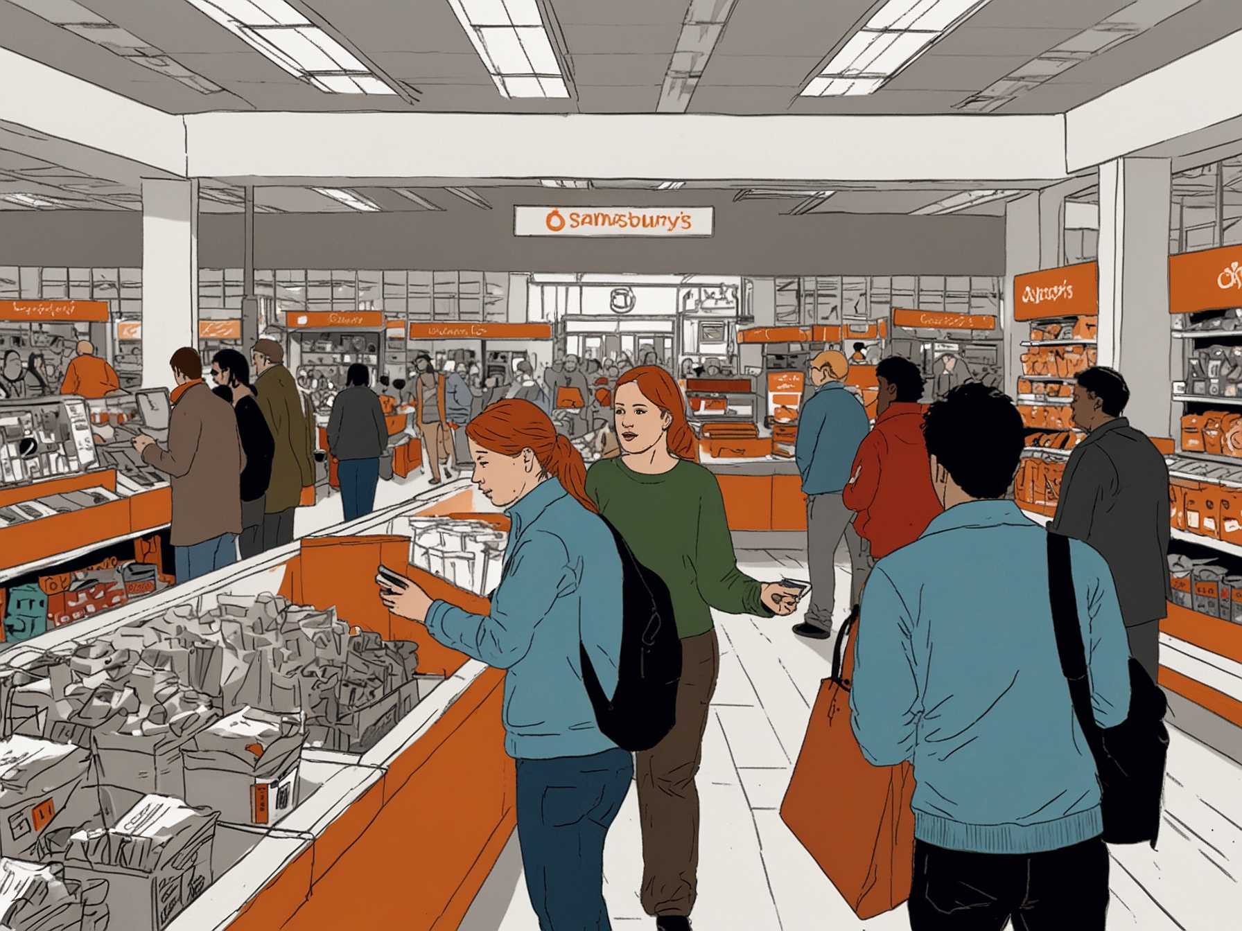 A busy Sainsbury's store with shoppers focusing on essential items, illustrating the shift in consumer priorities amidst rising living costs and economic uncertainties.
