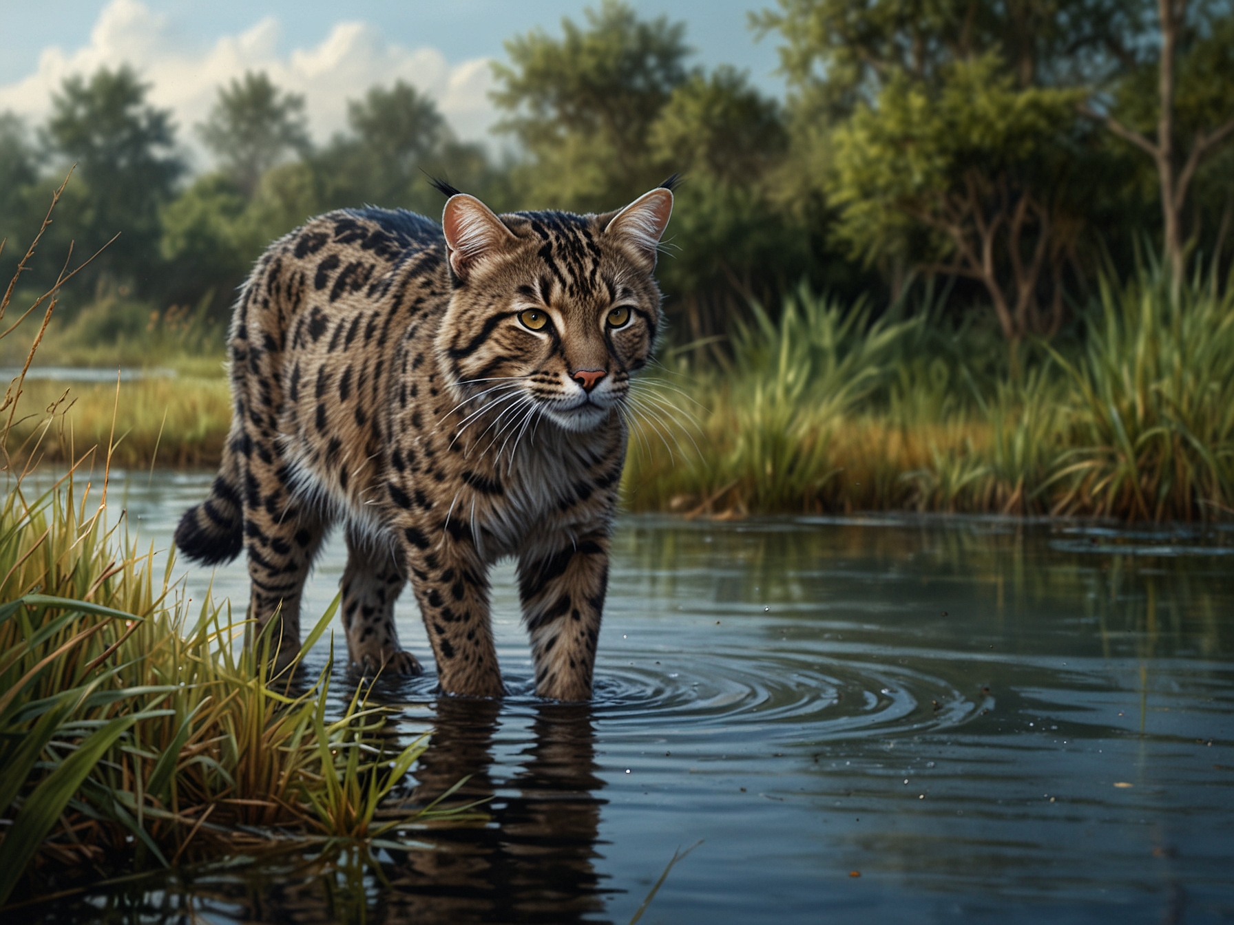 A fishing cat wades in a marsh, showcasing its webbed feet and water-repellent fur. The surroundings depict a wetland, illustrating the cat's natural habitat and highlighting the importance of wetland conservation.