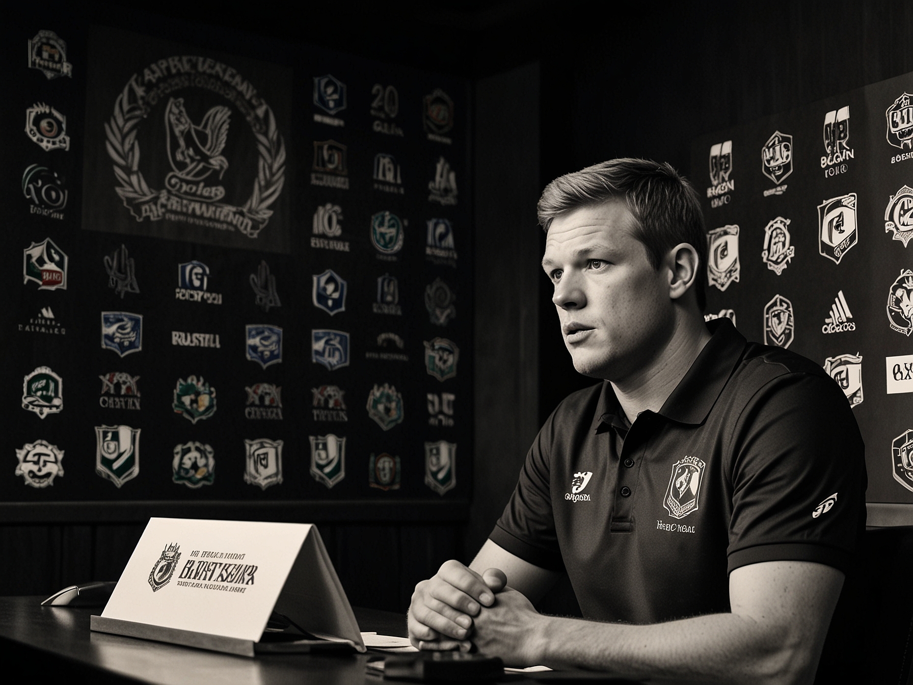 David Miller addressing a press conference, confidently speaking to dismiss the retirement rumors, with the South African national team logo in the background.