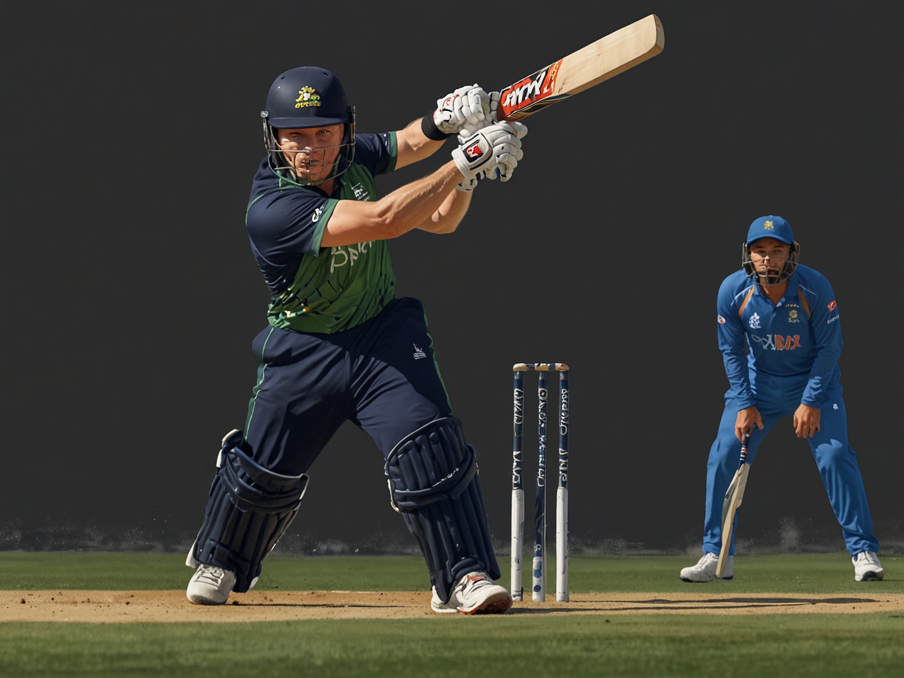 David Miller in action on the field, playing a powerful shot during a T20 international match, representing his dynamic batting style that has thrilled cricket fans worldwide.