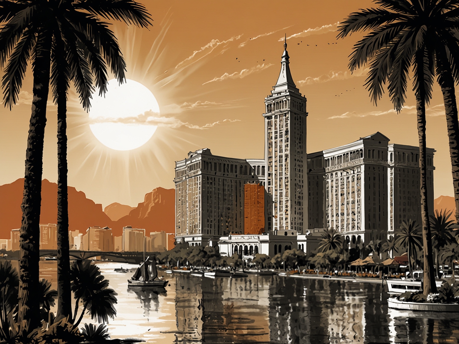 A stunning view of the Las Vegas Strip under the bright sun, showcasing the grandeur of luxury hotels like The Bellagio and The Venetian offering summer discounts.