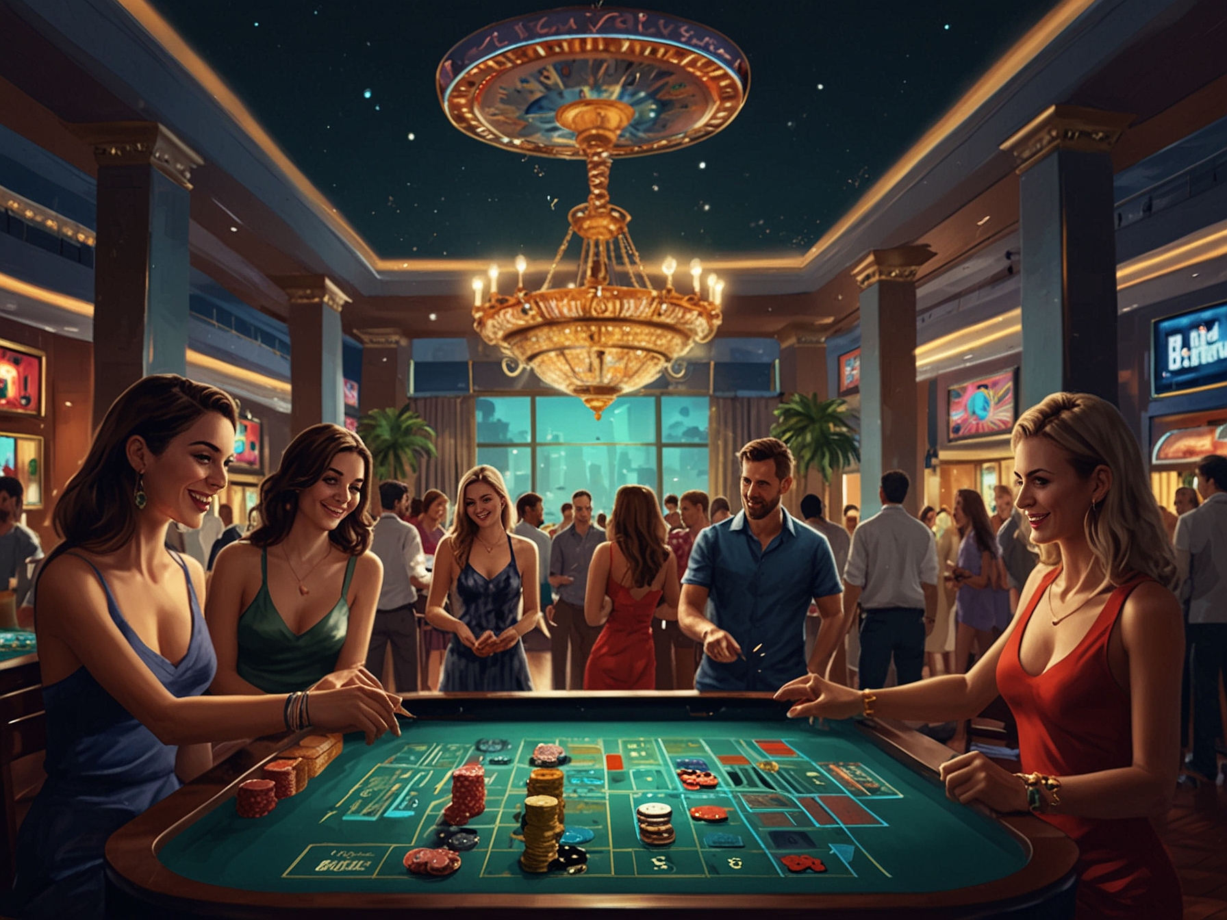 Tourists enjoying indoor activities, including a lively casino and a luxurious hotel pool party with a DJ, demonstrating the city's vibrant entertainment options.