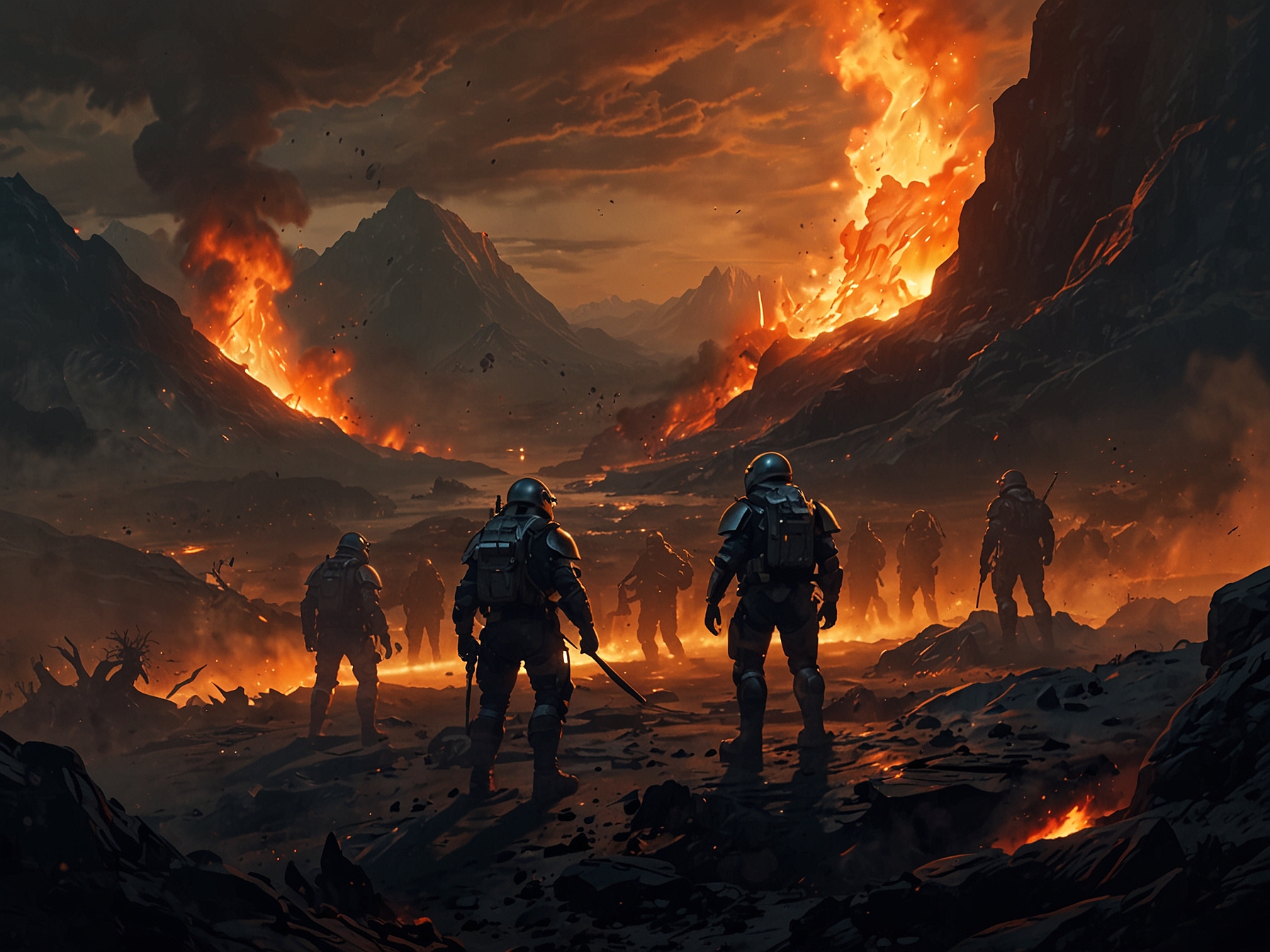 A group of players navigate the fiery landscape of Hellmire, facing rivers of molten lava and firestorms, showcasing the intense, cooperative gameplay of Helldivers 2.