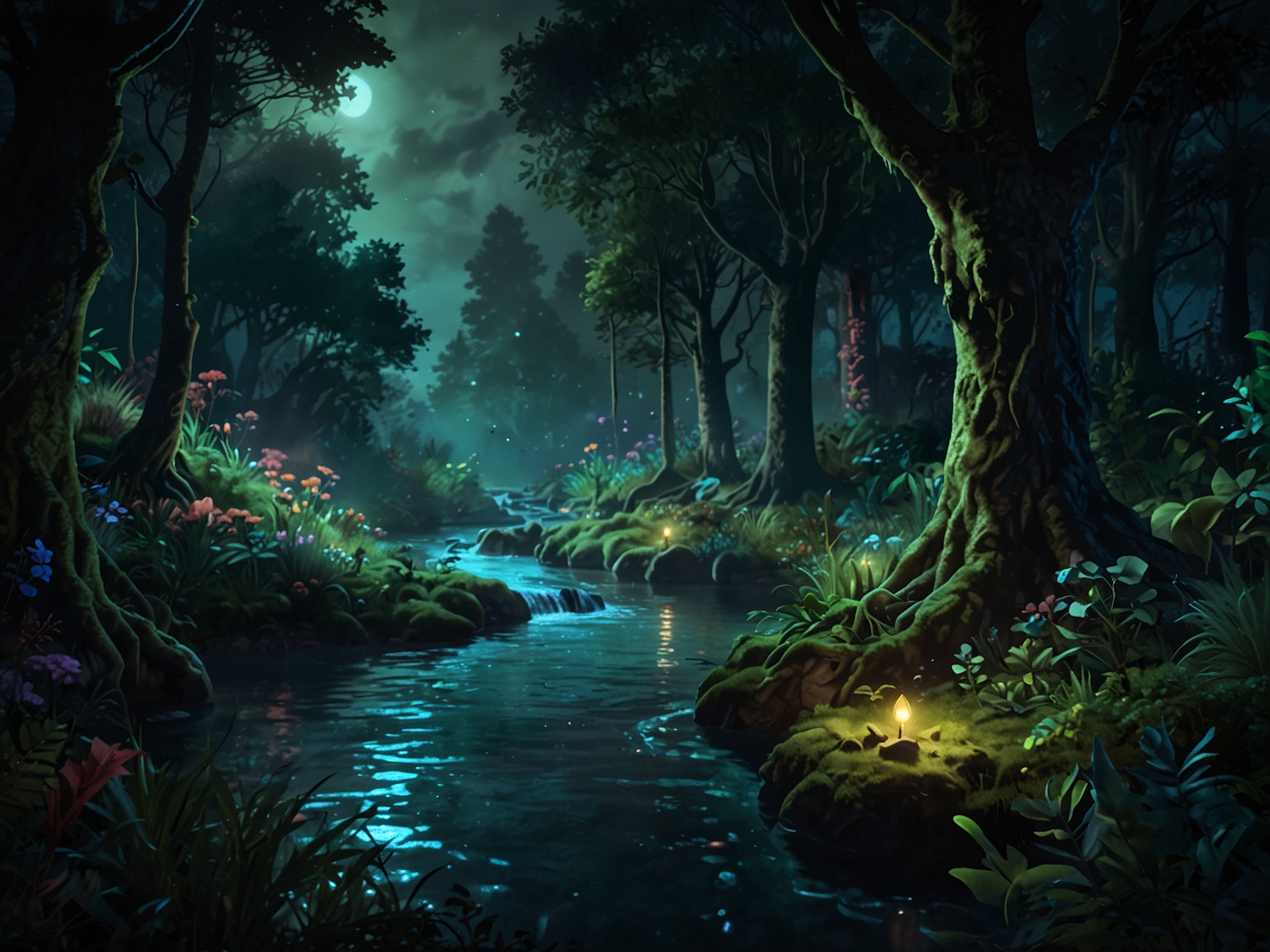 An enchanted forest with flowing water, lush greenery, and mystical creatures, rendered in high detail by Runway Gen-3. The video captures the ethereal glow of a moonlit landscape, highlighting the AI's advanced texture handling.