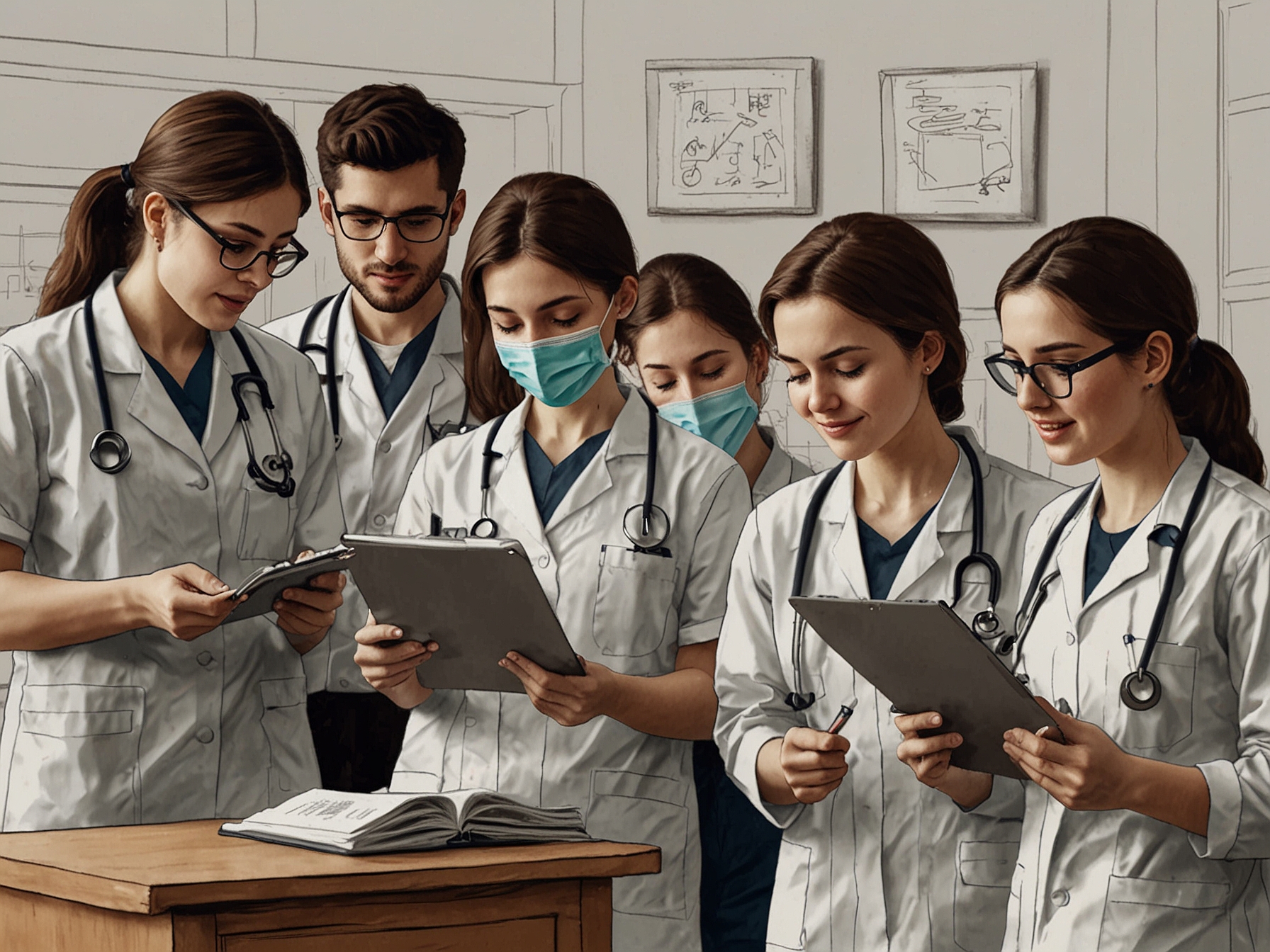 A group of medical students is eagerly checking the NBEMS official website for the announcement of the NEET PG 2024 exam date, signifying their readiness and anticipation.
