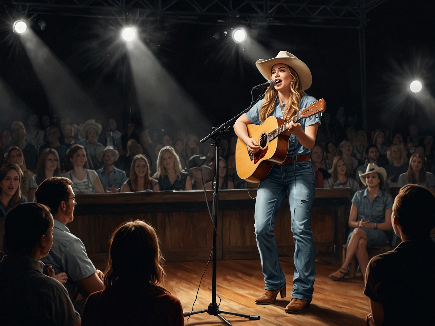 Tanner Adell performs her new single 'Cowboy Break My Heart' on stage, captivating the audience with her powerful vocals and emotional delivery.