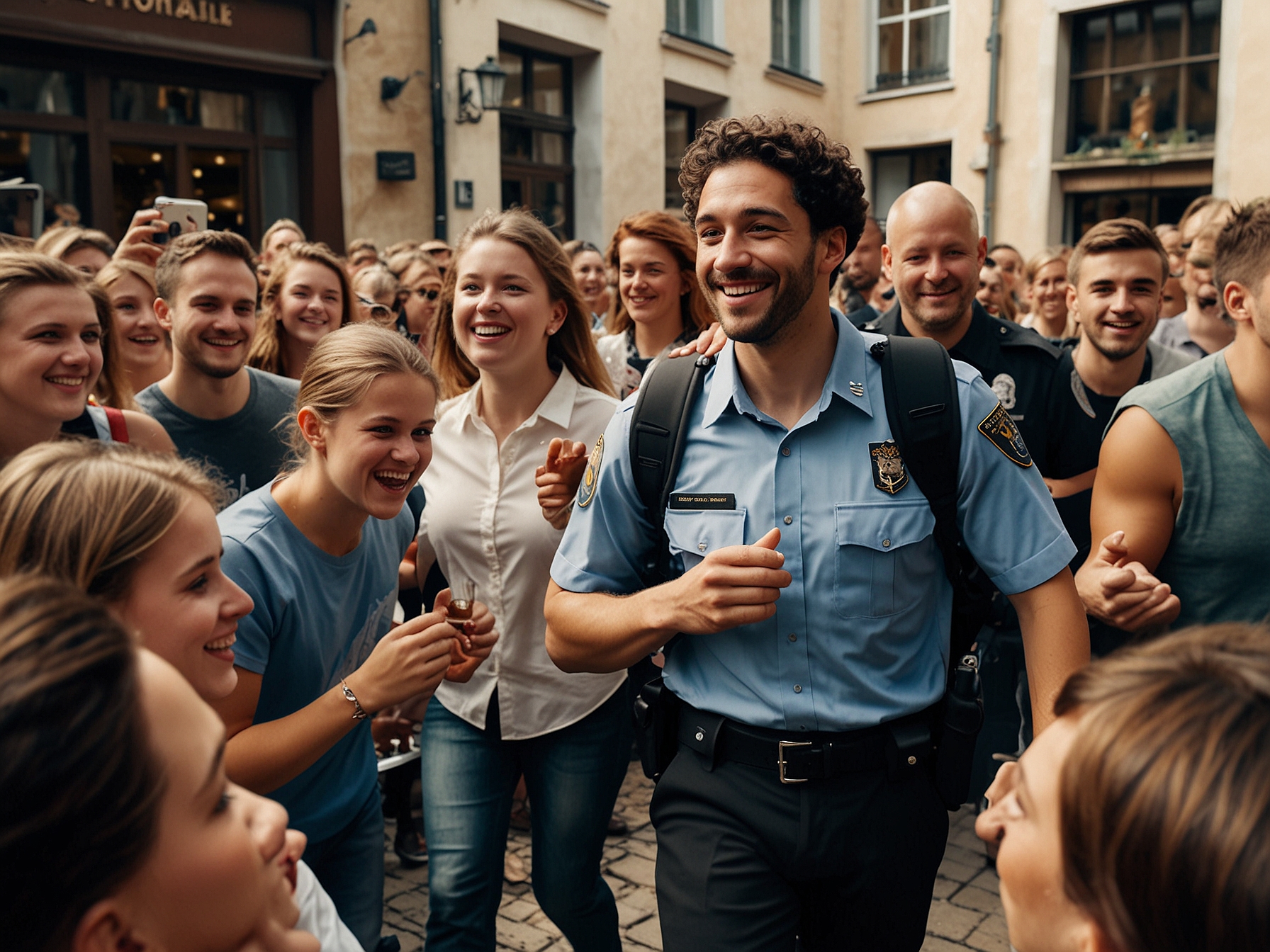 Jude Bellingham being escorted by police through a crowd of eager fans outside a restaurant in Erfurt, Germany, showcasing the football star's popularity and the intense adoration from his supporters.