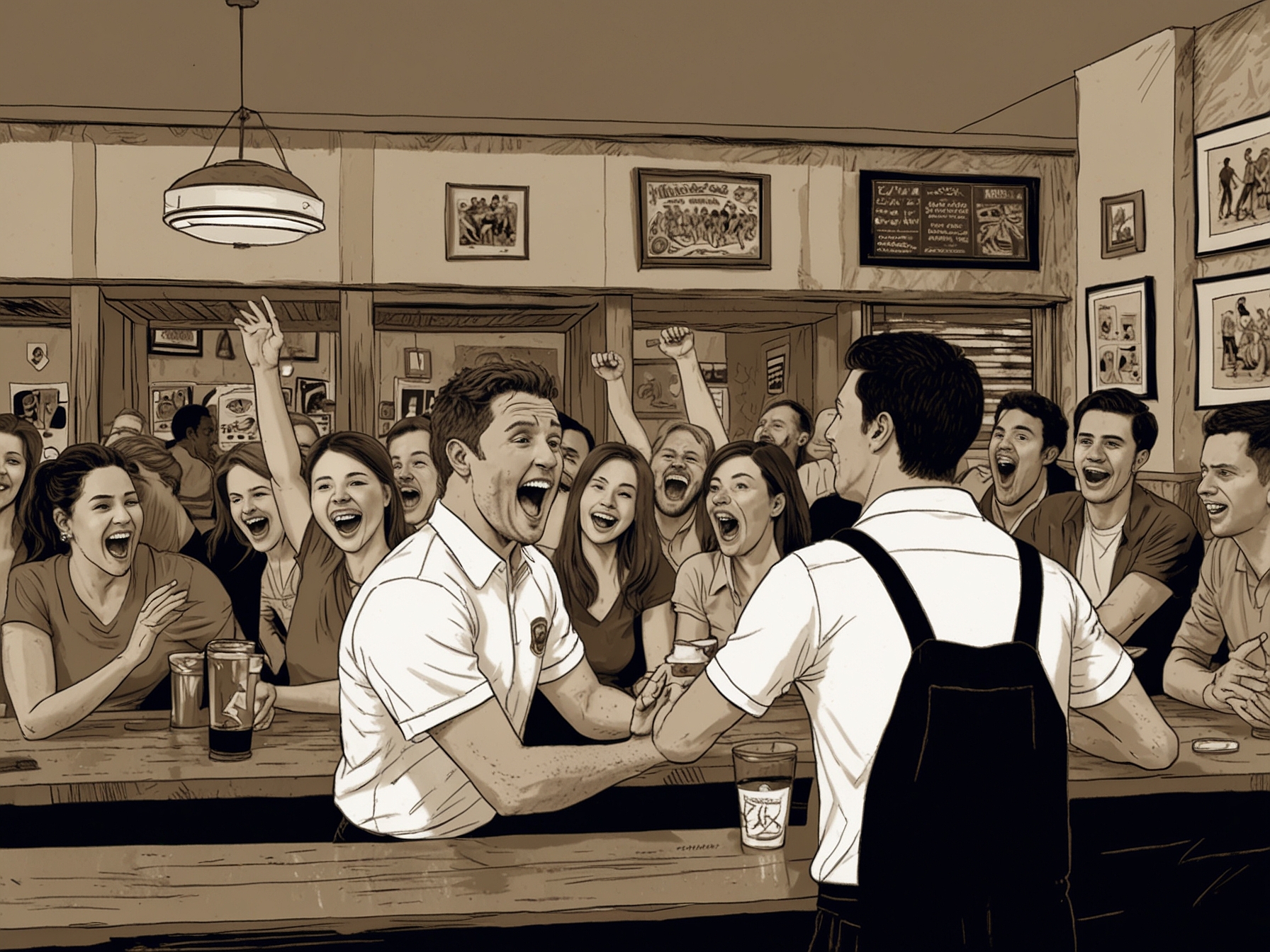 A scene depicting a large group of excited football fans chanting and trying to get close to Jude Bellingham inside a restaurant, highlighting the challenges of fame and need for security.