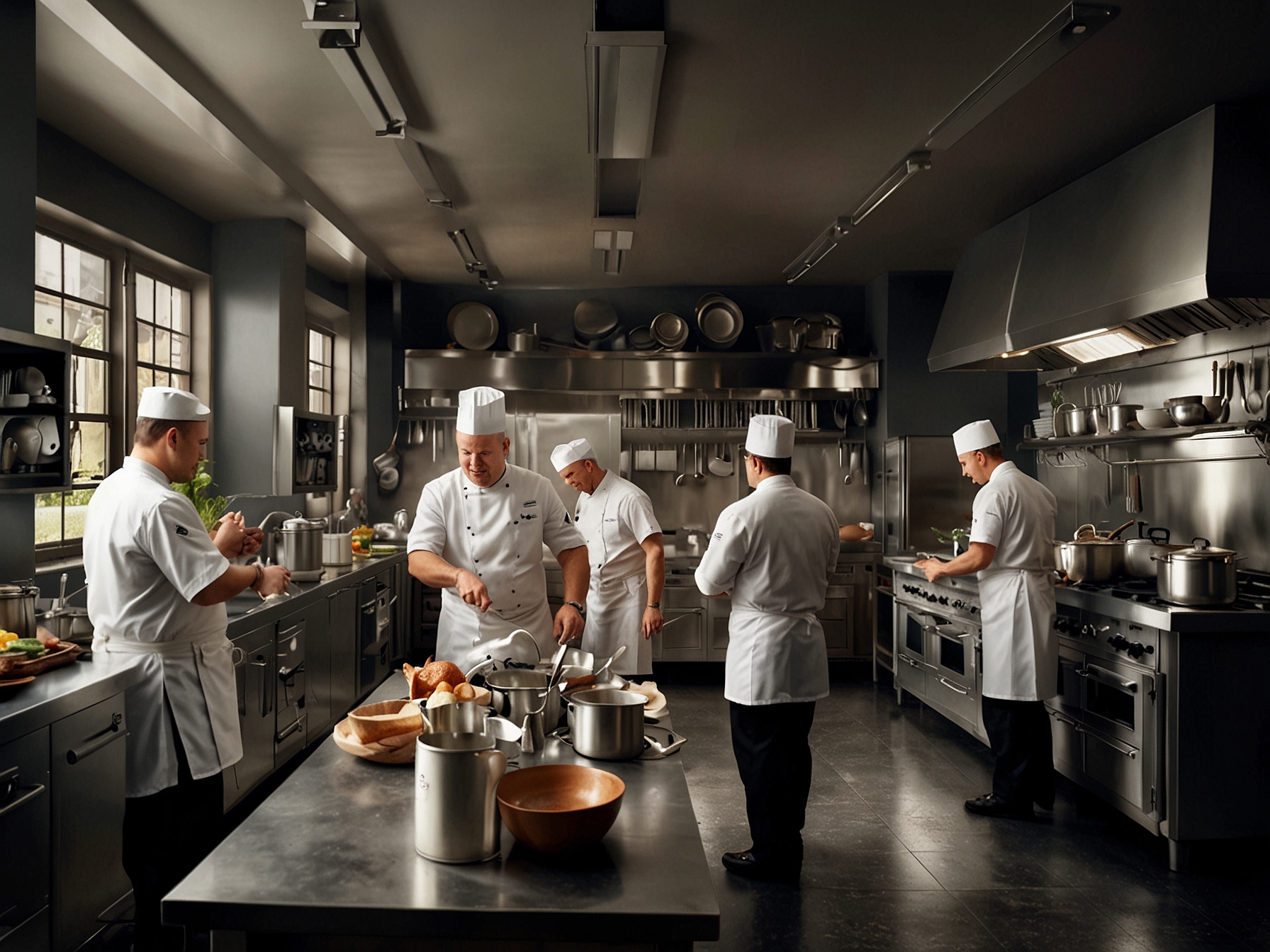 A bustling kitchen environment from 'The Bear,' showcasing chefs and line cooks in action, exemplifying the show's depiction of the hierarchical and dynamic culinary setting.