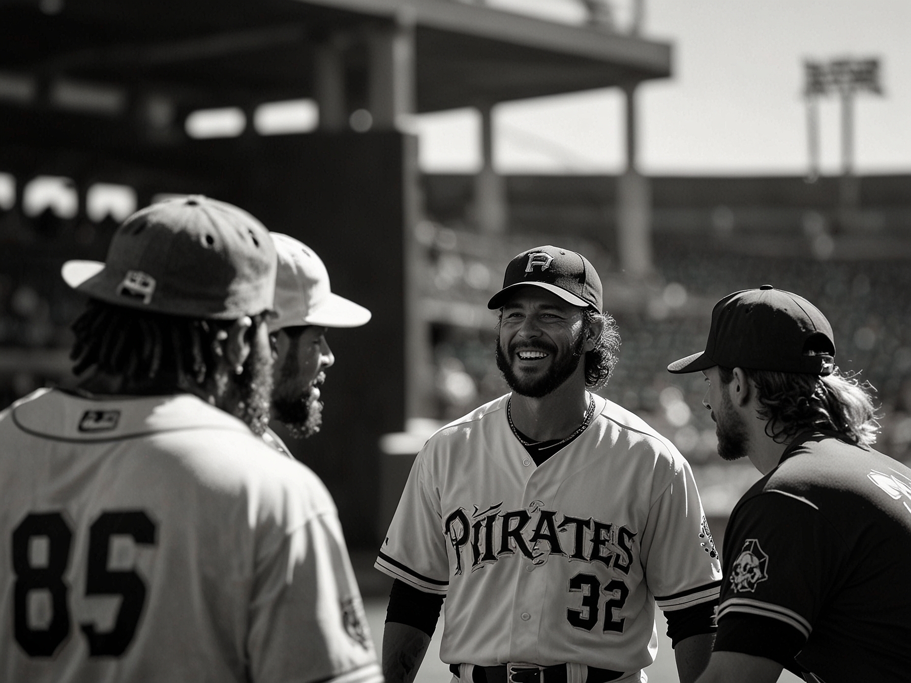Derek Shelton interacting with the Pirates' players on the field, exemplifying his effective communication and comprehensive management style fostering team cohesion and resilience.