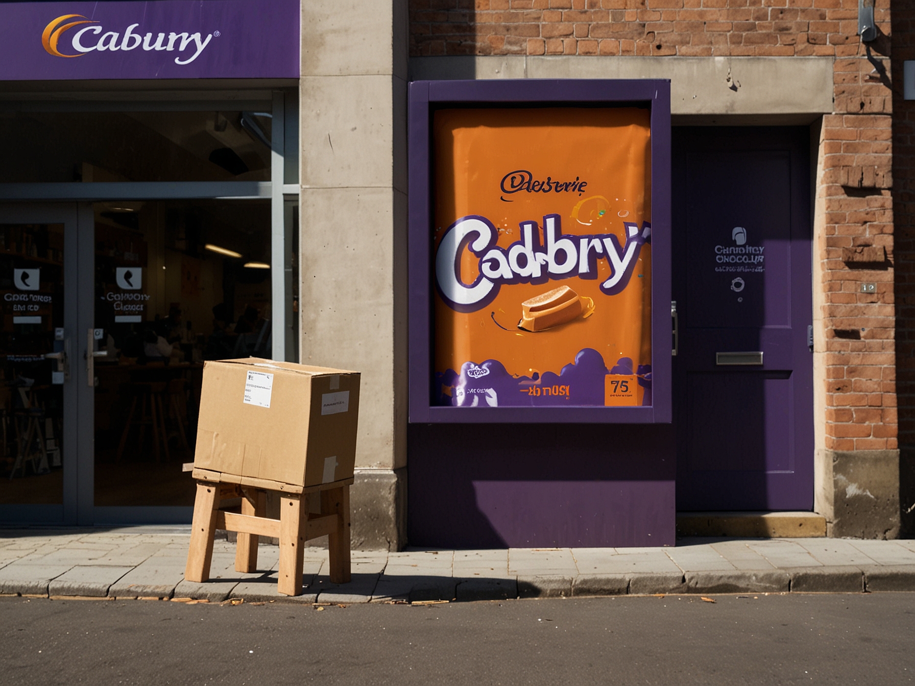 A giant 'dog-sized' Cadbury chocolate bar held by a happy shopper in front of an Amazon delivery box, showcasing the bar's colossal size and the convenience of online shopping.