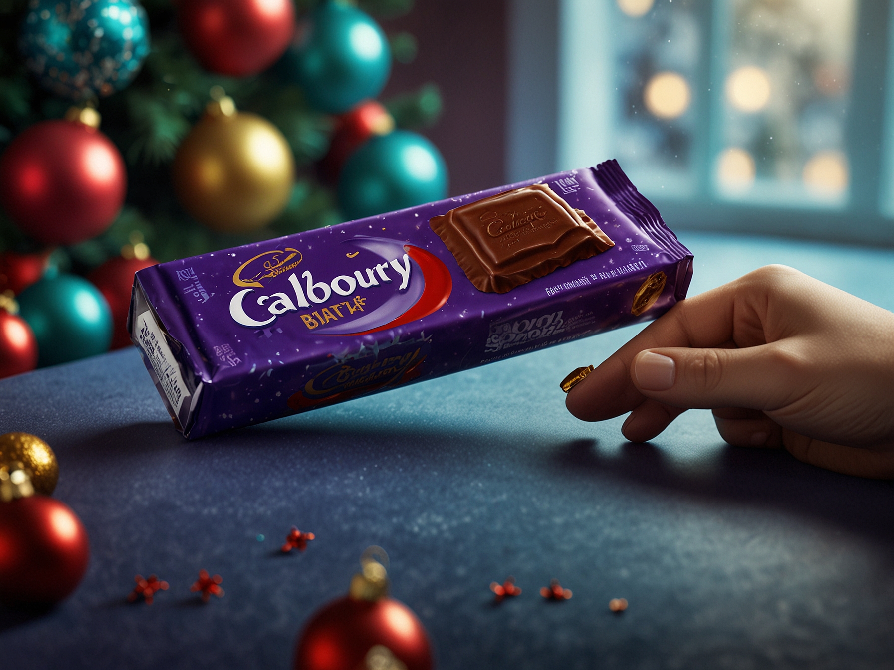 Close-up of the unwrapped 'dog-sized' Cadbury chocolate bar next to holiday decorations, emphasizing its large size and appeal as a festive gift option.
