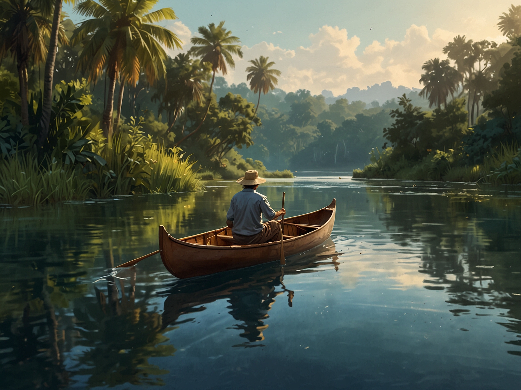 A couple paddles through a serene waterway on a canoe safari, surrounded by lush greenery, spotting otters and storks in their natural habitats.