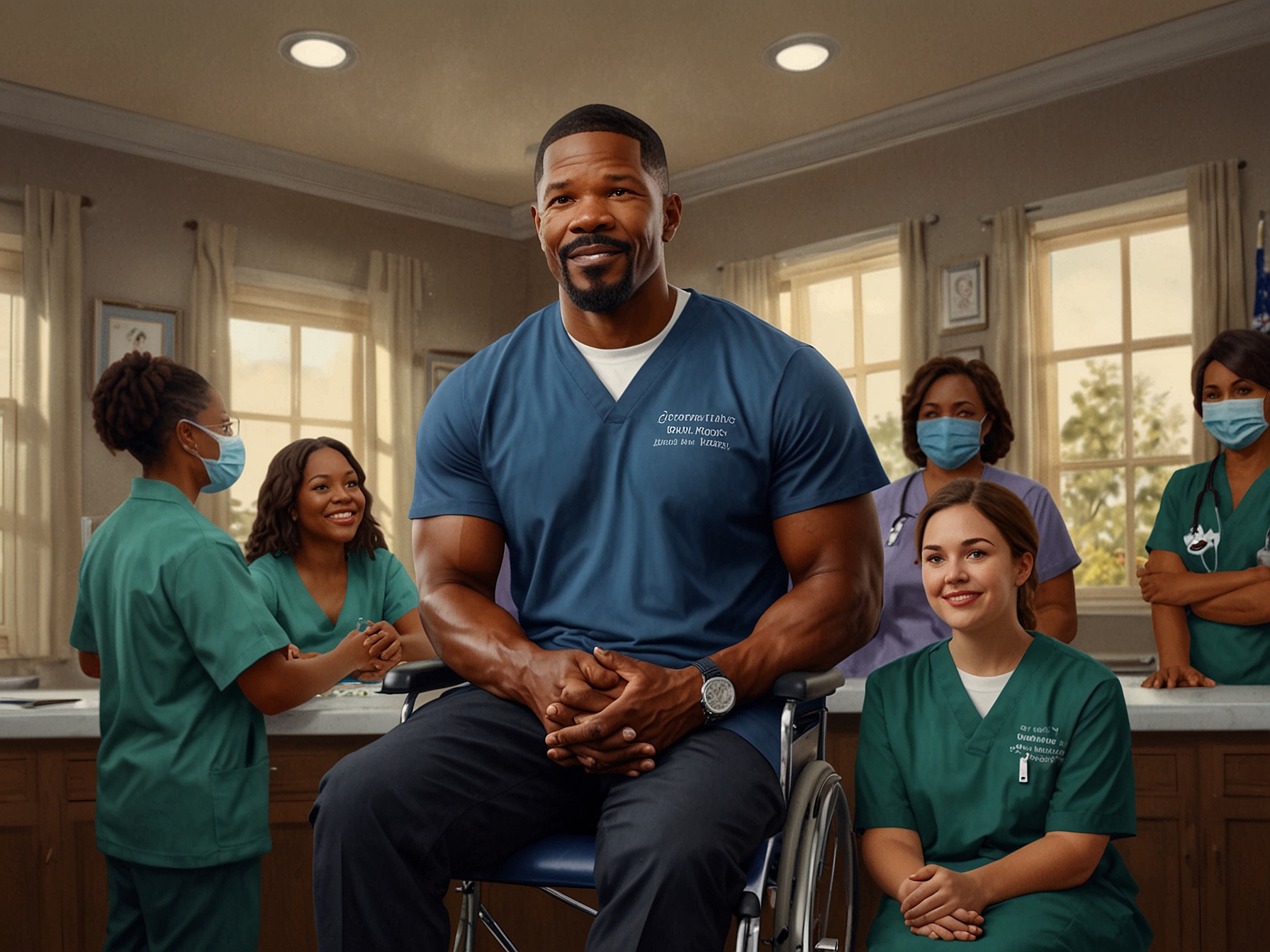 A grateful Jamie Foxx stands surrounded by supportive medical staff and family, illustrating the critical role loved ones played in his recovery.