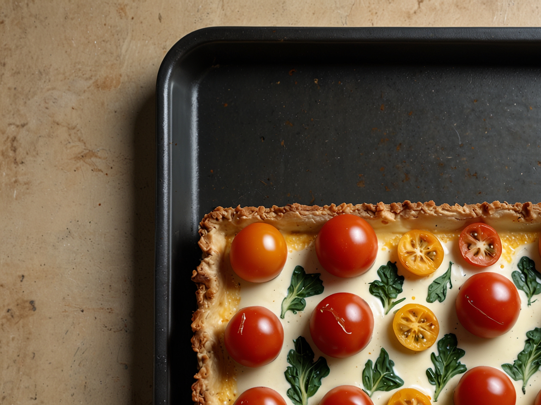 A baking tray filled with Jamie Oliver's 'speedy' quiche traybake, featuring a golden brown crust and colorful mix-ins like cherry tomatoes, spinach, and cheese.