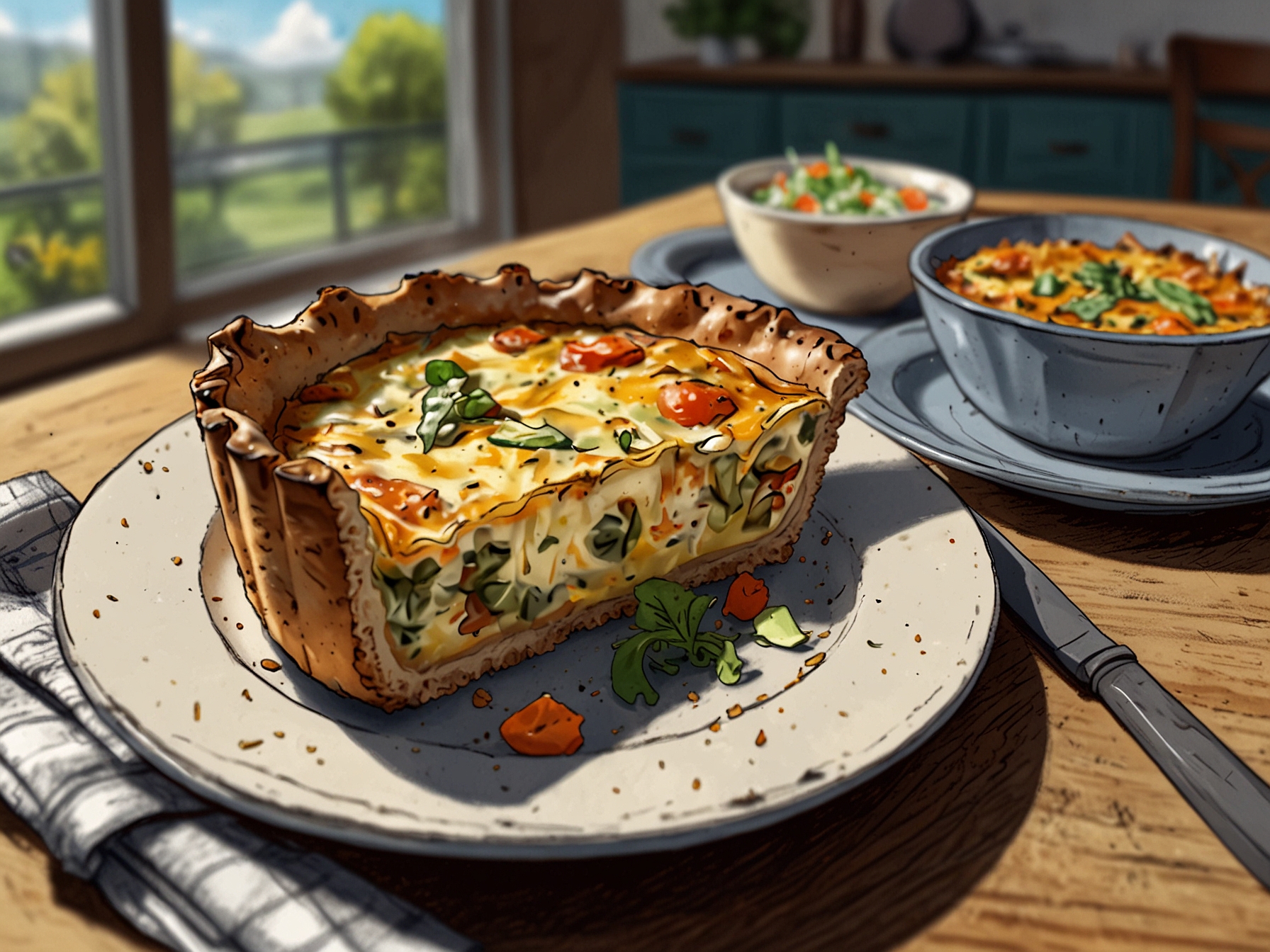 A close-up of sliced pieces of the quiche traybake served on a plate, showcasing the creamy, rich filling and the crispy, golden crust, with a side salad in the background.
