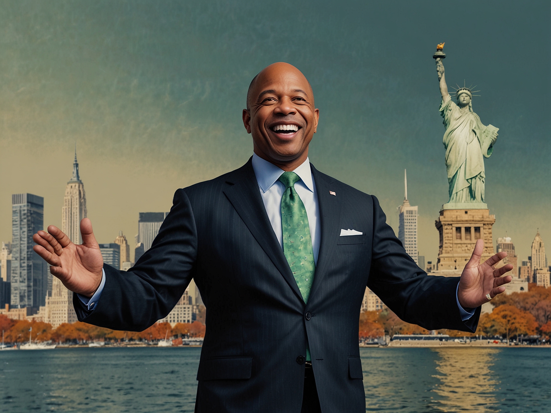 Illustration of Mayor Eric Adams celebrating the finalization of New York City's record-setting $112.4 billion budget amidst concerns of unsustainable spending.