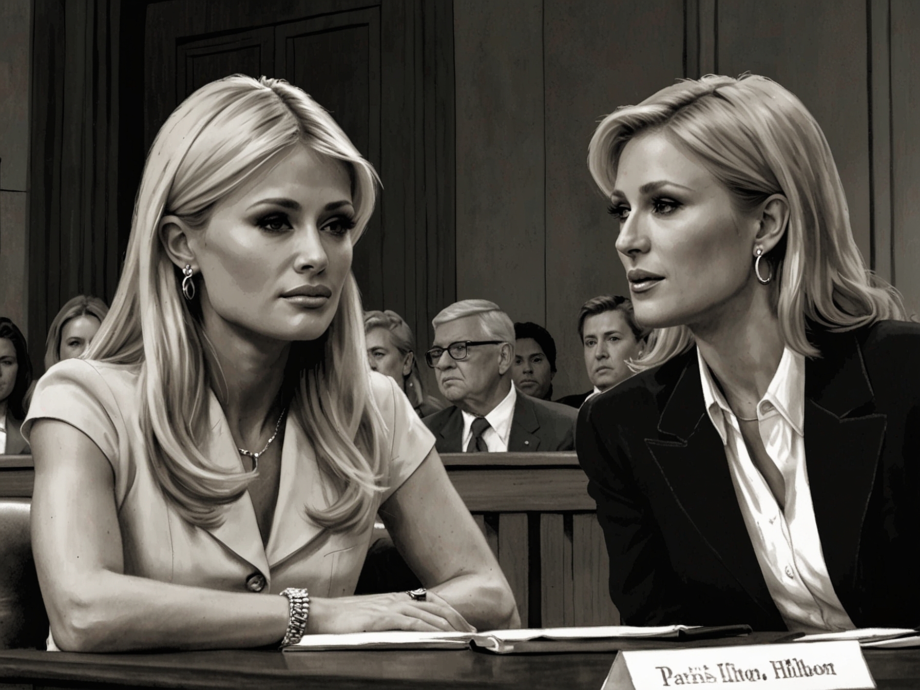 Paris Hilton speaking with a noticeably deeper and more authoritative voice during the congressional hearing, with Representative Claudia Tenney listening attentively, showing their serious discussion.