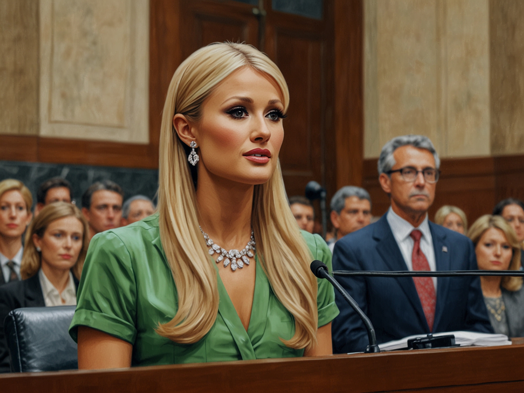 Paris Hilton confidently addressing the congressional hearing with poise and a commanding presence, highlighting her advocacy against child abuse and the need for legislative action.
