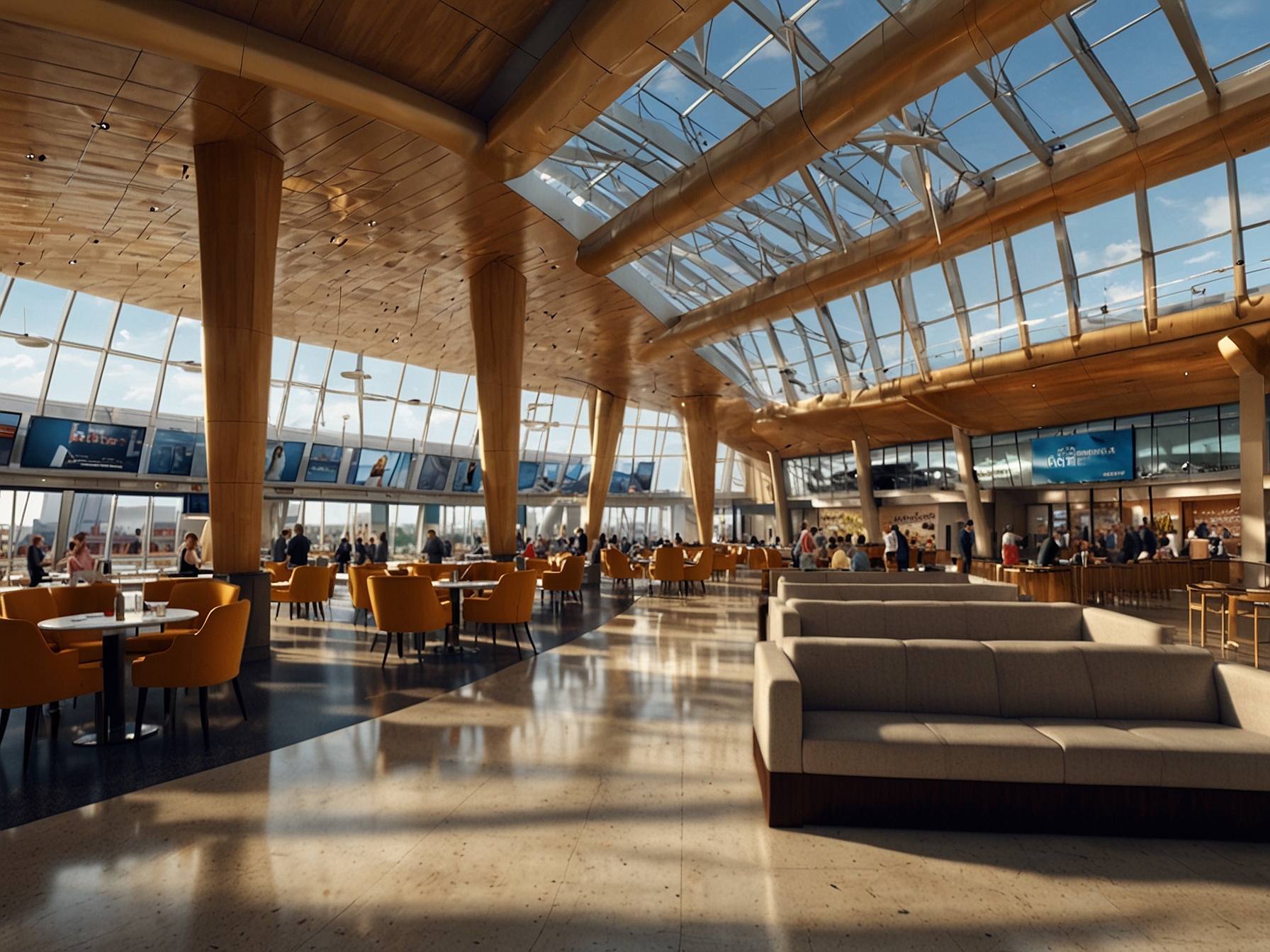 An artist's rendering of London Southend Airport's new terminal facilities, showcasing modern architecture, spacious lounges, and an array of retail and dining options designed to enhance passenger experience.