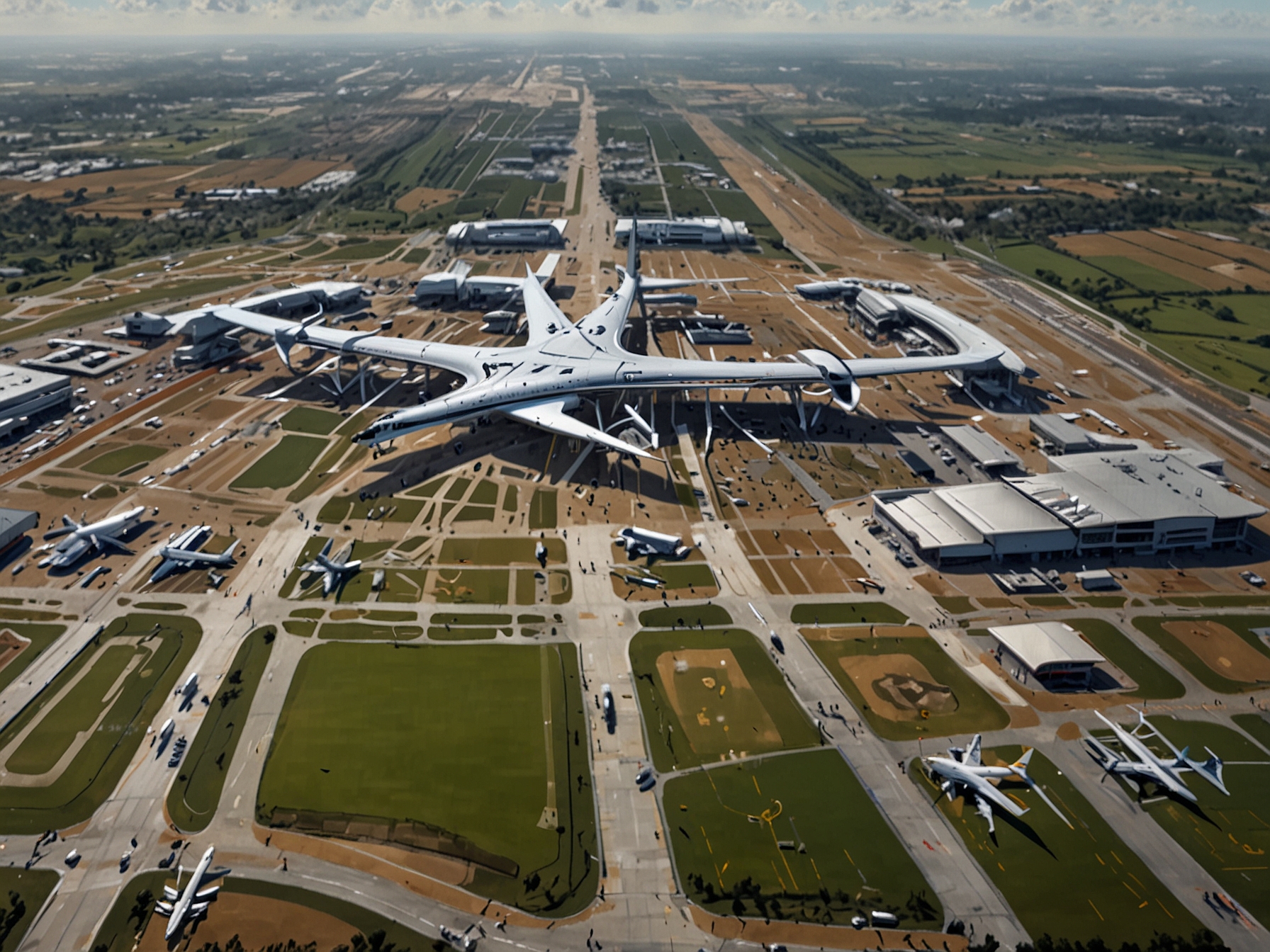 A birds-eye view of London Southend Airport with expanded runways, additional parking space, and improved transport links, highlighting the airport’s readiness to accommodate more flights and passengers.