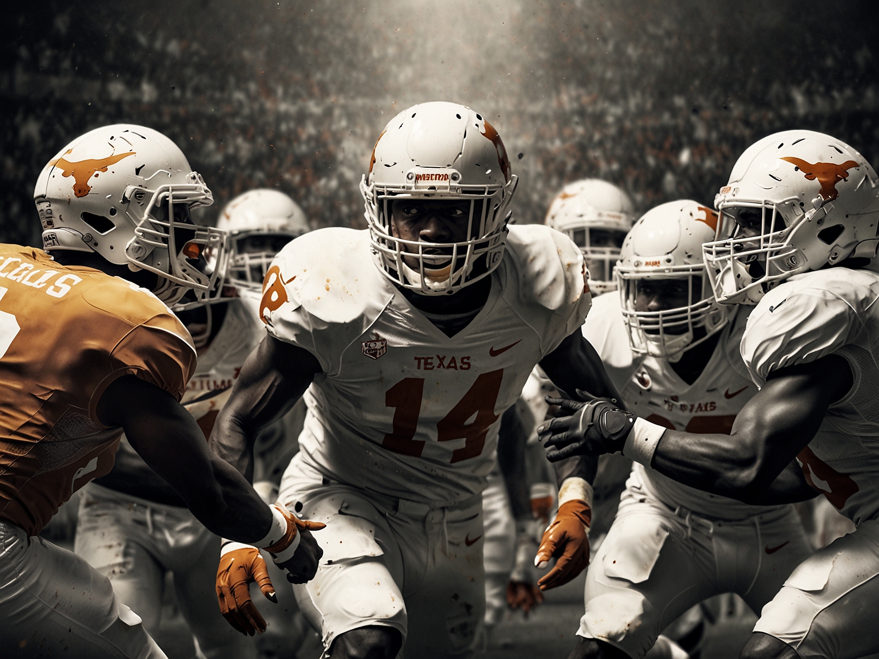 Image of Texas Longhorns football players in action, showcasing their new competition against top SEC teams, representing the high level of intensity and preparation required.