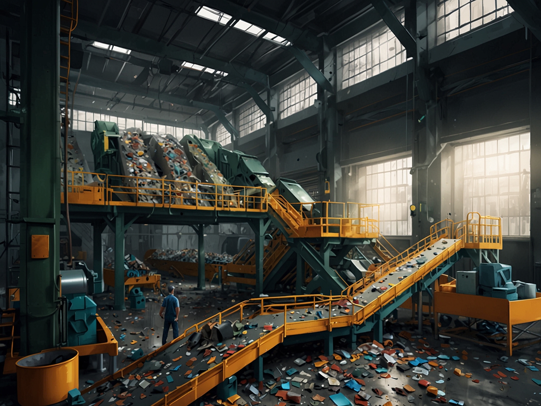 An image showcasing a recycling facility with advanced machinery sorting and processing various types of plastic waste, illustrating the industry's focus on improving recycling technologies.