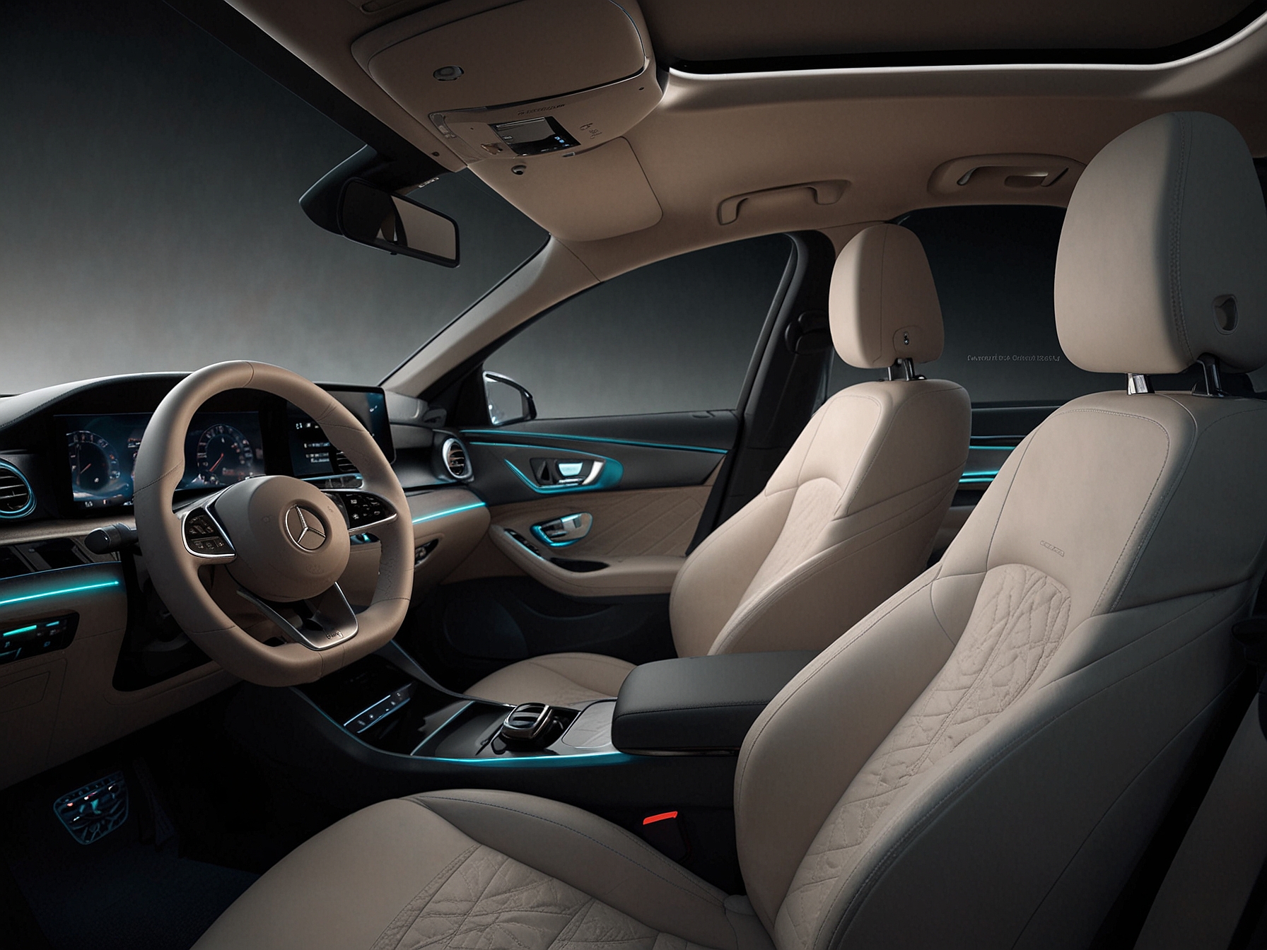 Interior shot of the Mercedes-Benz EQA 250, highlighting its high-quality materials, digital dashboard, and MBUX infotainment system, portraying a luxurious and tech-savvy cabin.