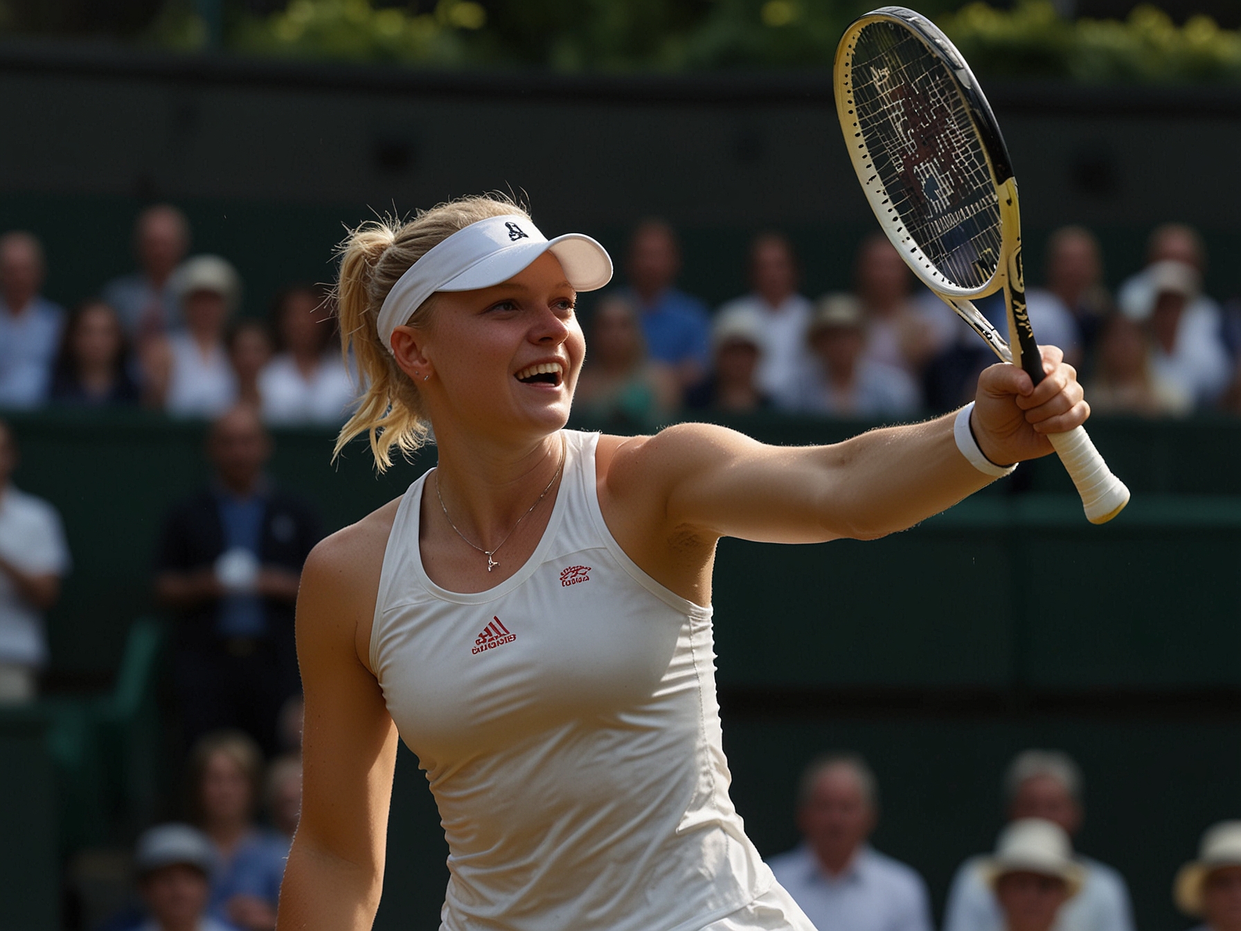 Harriet Dart celebrates after winning her first-round match at Wimbledon, showcasing her powerful serves and resilience on Court 18 despite a lengthy rain delay.