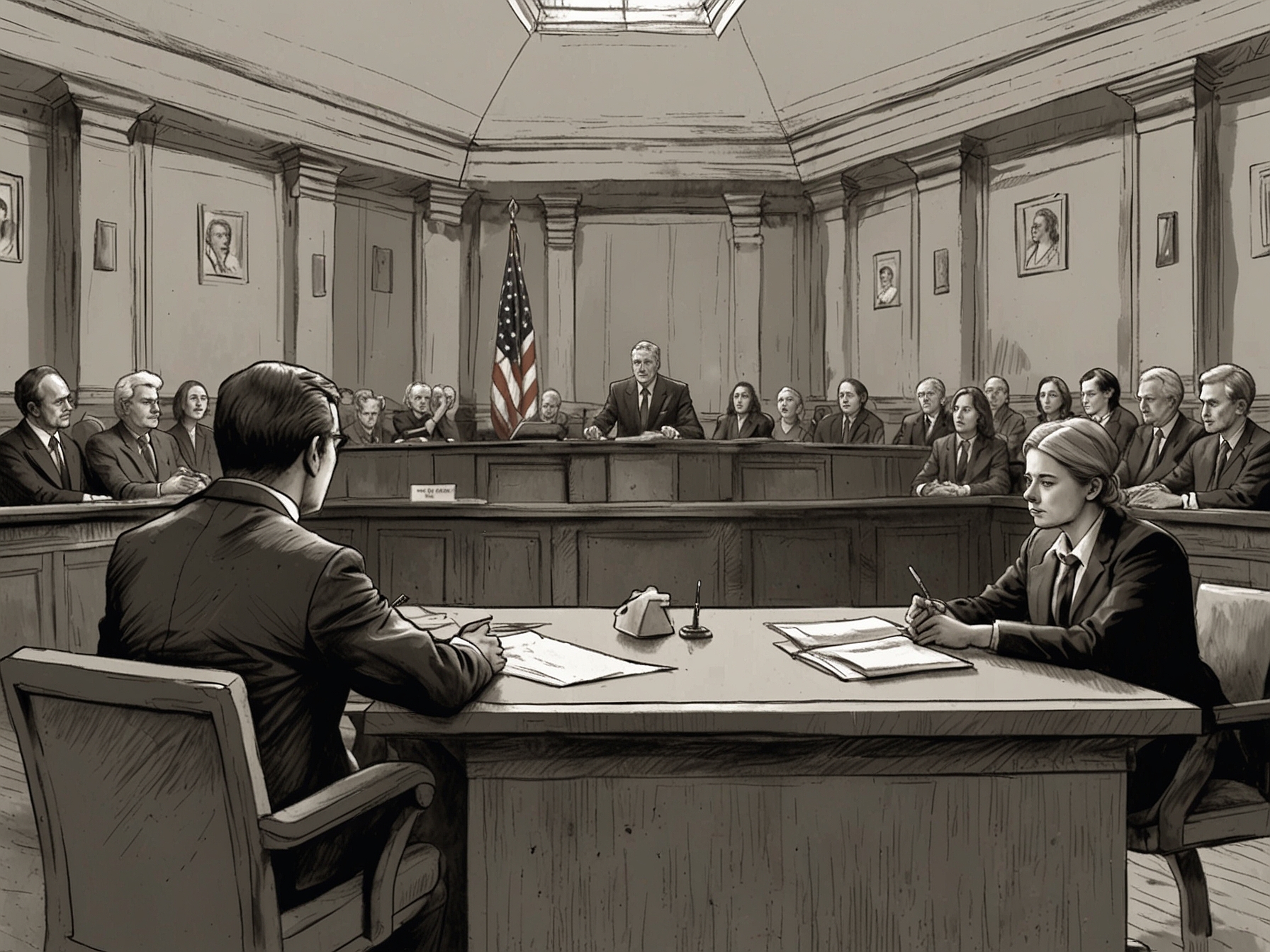 A courtroom scene with defense witnesses presenting their testimonies, aiming to counter the prosecution's allegations and offer alternative perspectives to the jury.