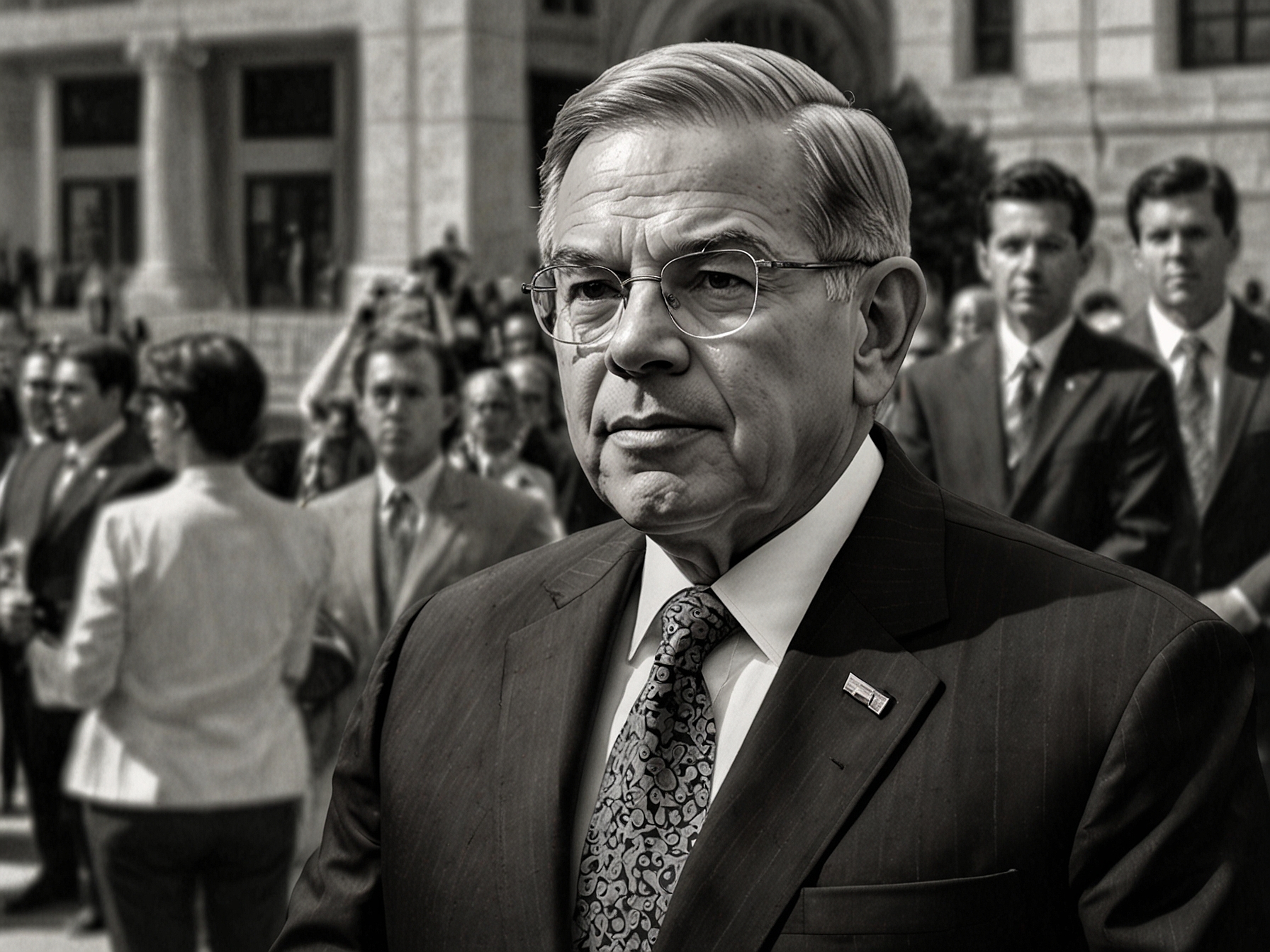 Sen. Bob Menendez outside the courthouse, surrounded by media and supporters, highlighting the high public and political stakes of his ongoing bribery trial.