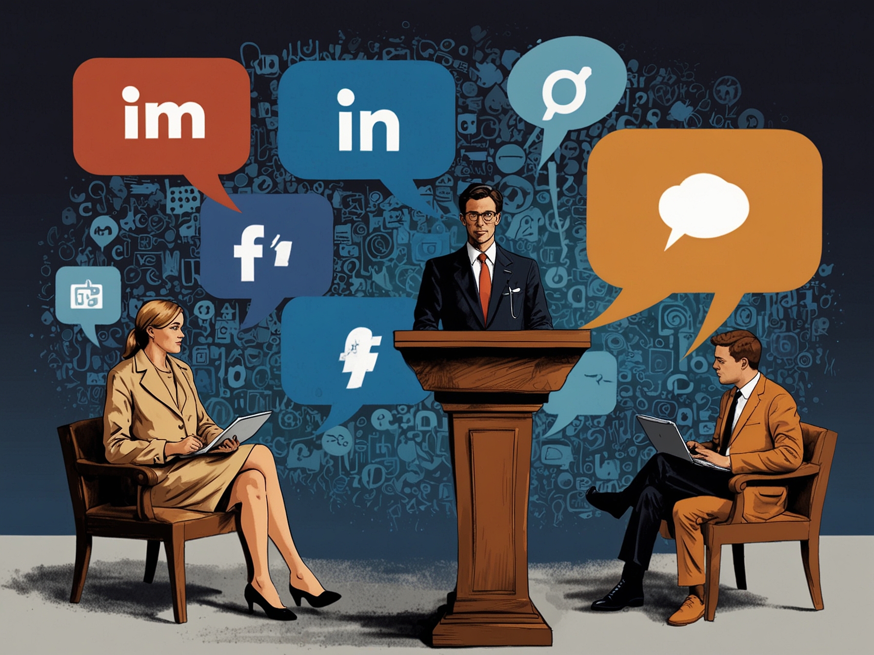 An illustration showing social media platforms with various speech bubbles, representing the debate on content moderation and government regulation spurred by recent state laws.