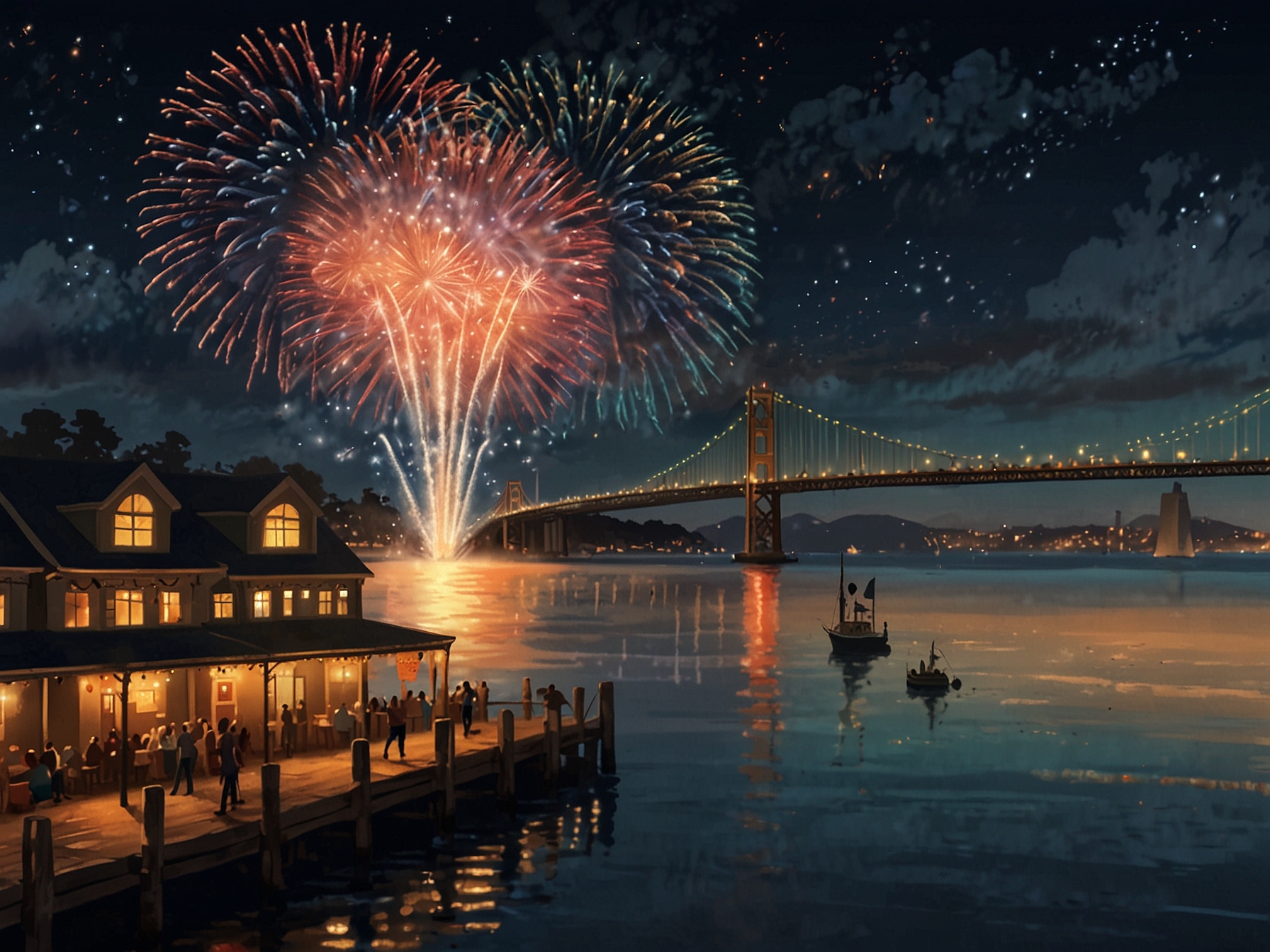A stunning view of fireworks lighting up the sky over San Francisco Bay, with crowds gathered at Pier 39 and Fisherman's Wharf enjoying the festive atmosphere.