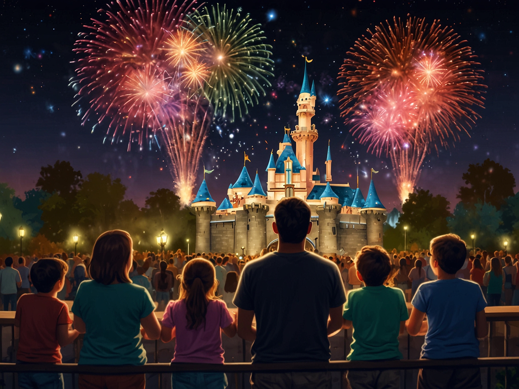 Families watching a dazzling fireworks show at Disneyland in Anaheim, with vibrant colors and perfectly synchronized music creating a magical Independence Day celebration.
