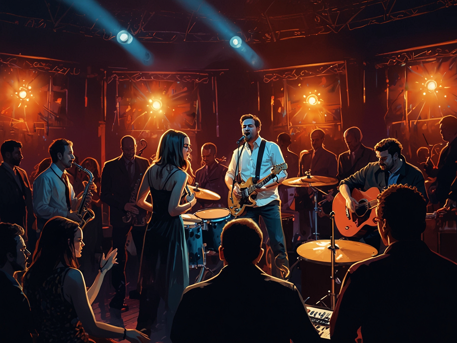 SuperJazzClub performing live at a UK festival, with vibrant lighting and the band members passionately playing their instruments, capturing the essence of their genre-blending music.