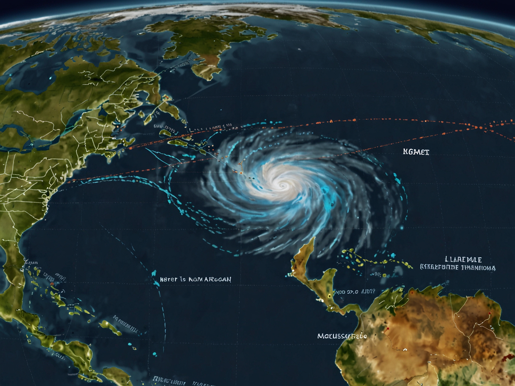 Illustration of a hurricane tracking map displaying the projected paths of named storms for the 2024 Atlantic season, highlighting the importance of storm preparedness and awareness.