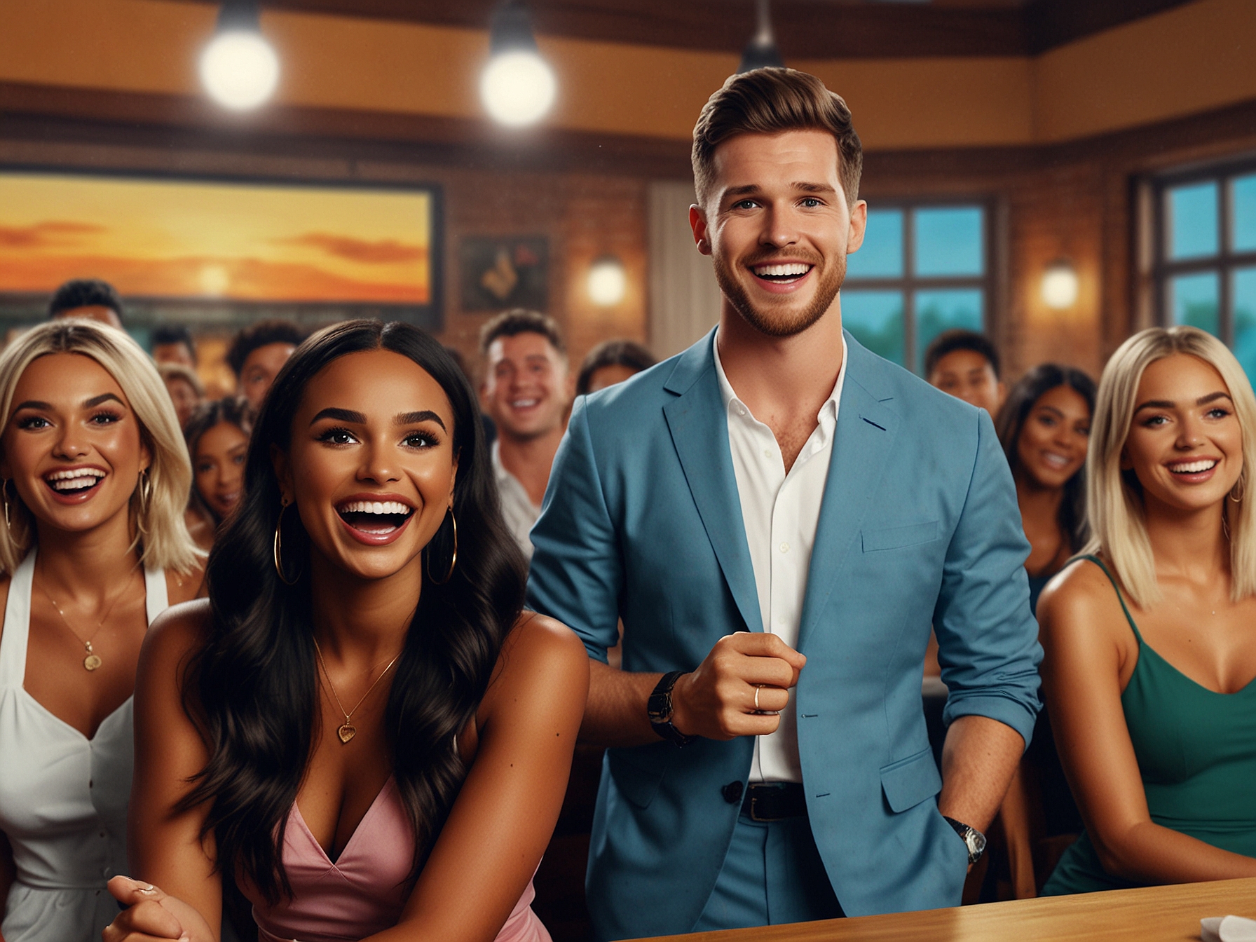 A scene capturing the shocked and amused reactions of the Love Island Aftersun studio audience following Maya Jama's cheeky comment about Ciaran Davies.