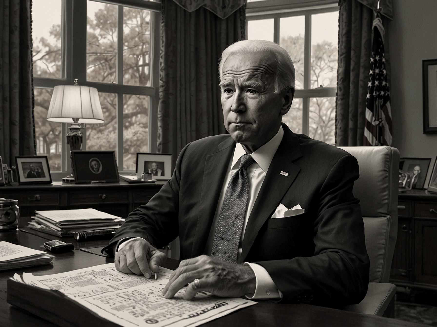 A tense Joe Biden sits at his desk in the Oval Office, surrounded by notes and reports, contemplating his re-election strategy amidst plummeting approval ratings and internal party dissent.