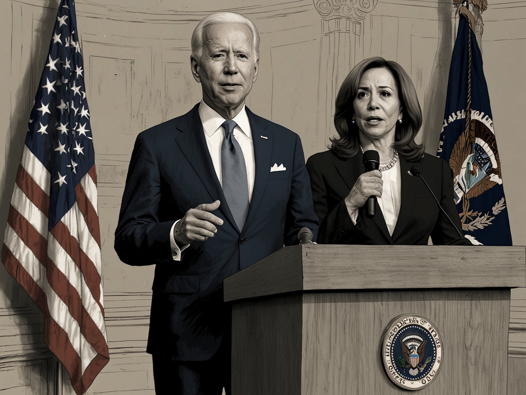 President Biden addressing the press, with Vice President Kamala Harris standing close by, illustrating the critical support needed from his VP to strengthen their campaign and regain public trust.