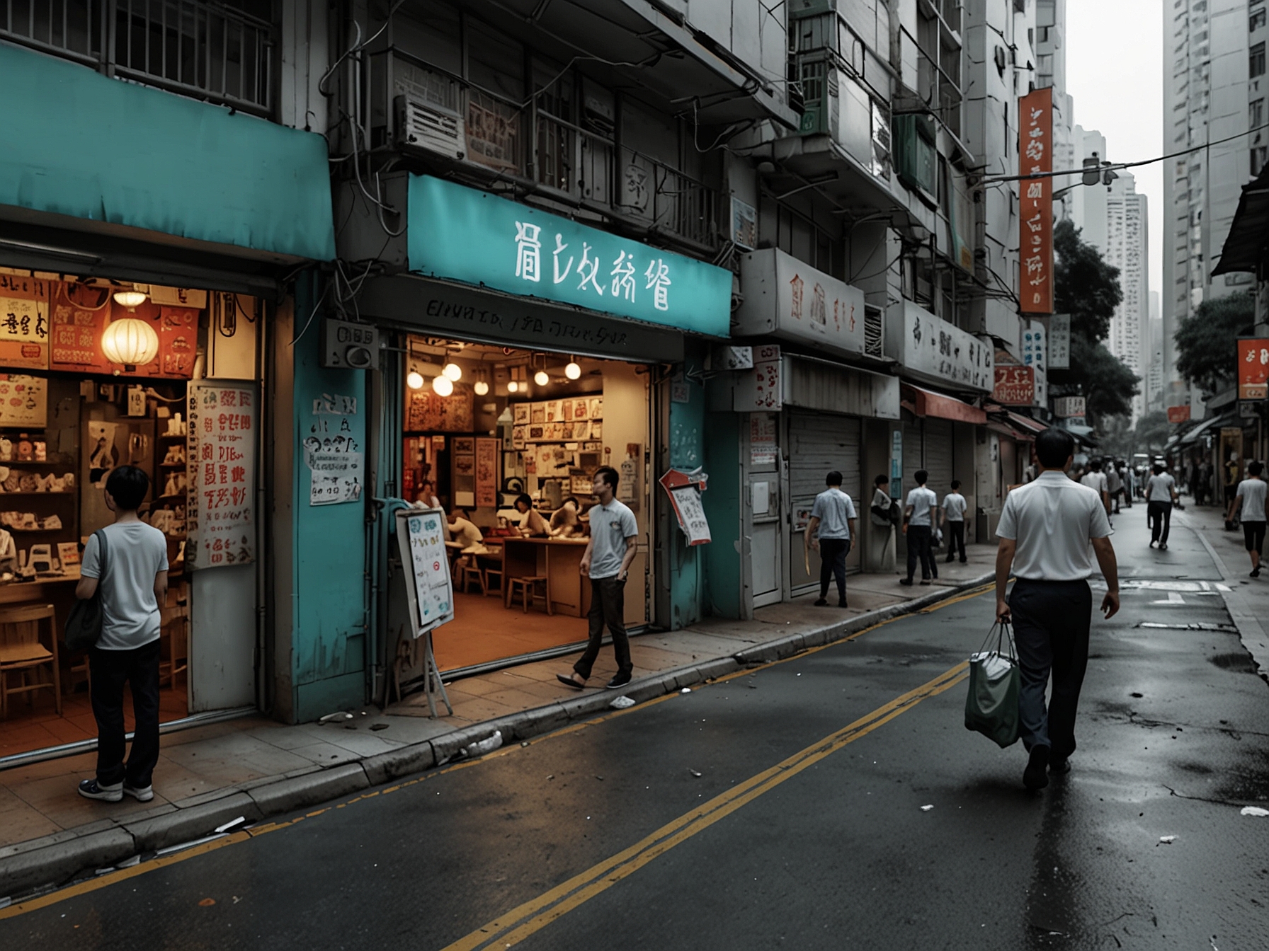 A busy Hong Kong street with closed or sparsely occupied shops, representing the slowdown in the services sector amidst the overall tech-driven market optimism.