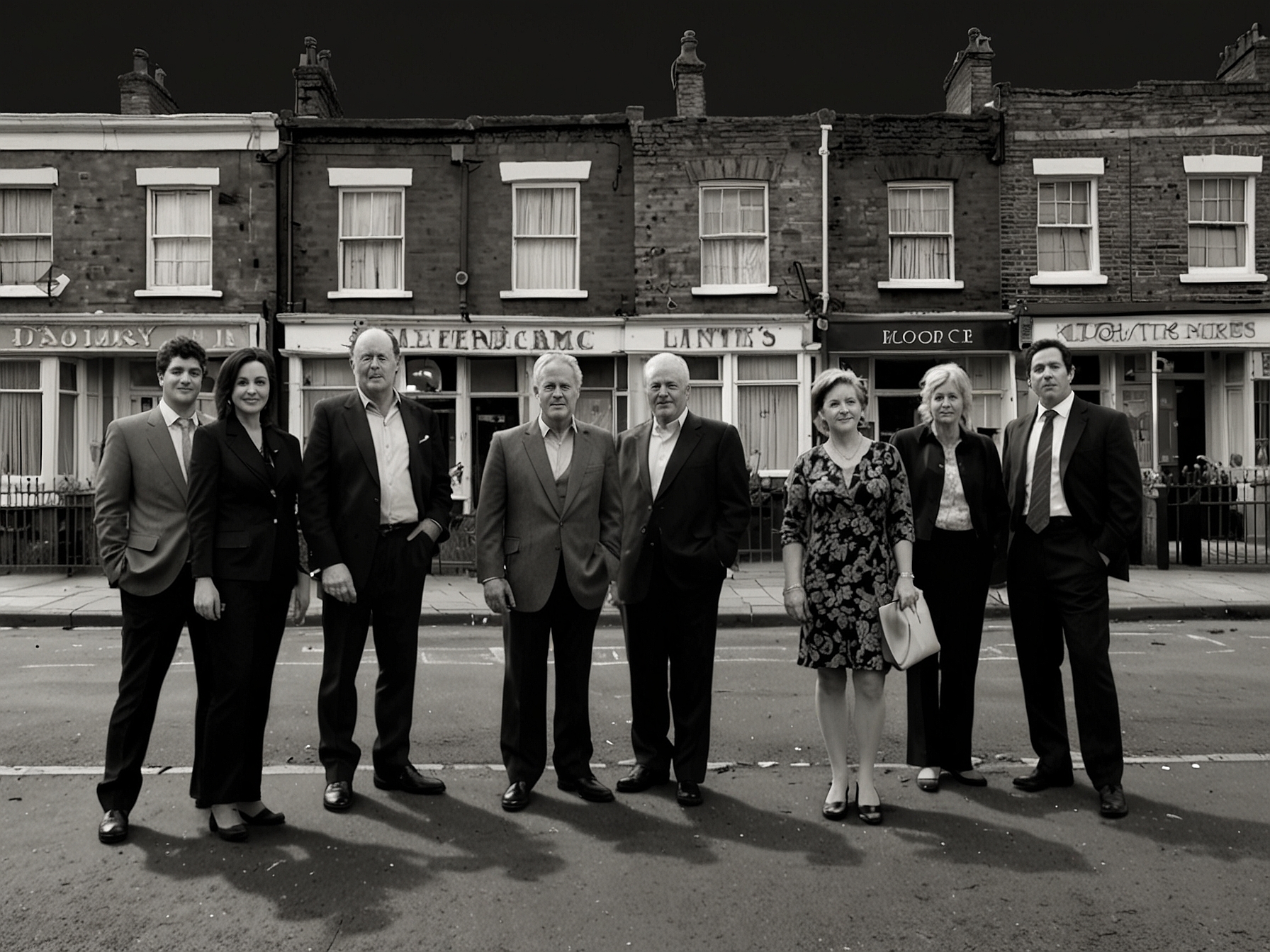 A nostalgic photo capturing the essence of EastEnders, showcasing both veteran and new cast members in the iconic setting of Albert Square, celebrating the show's 40-year journey.