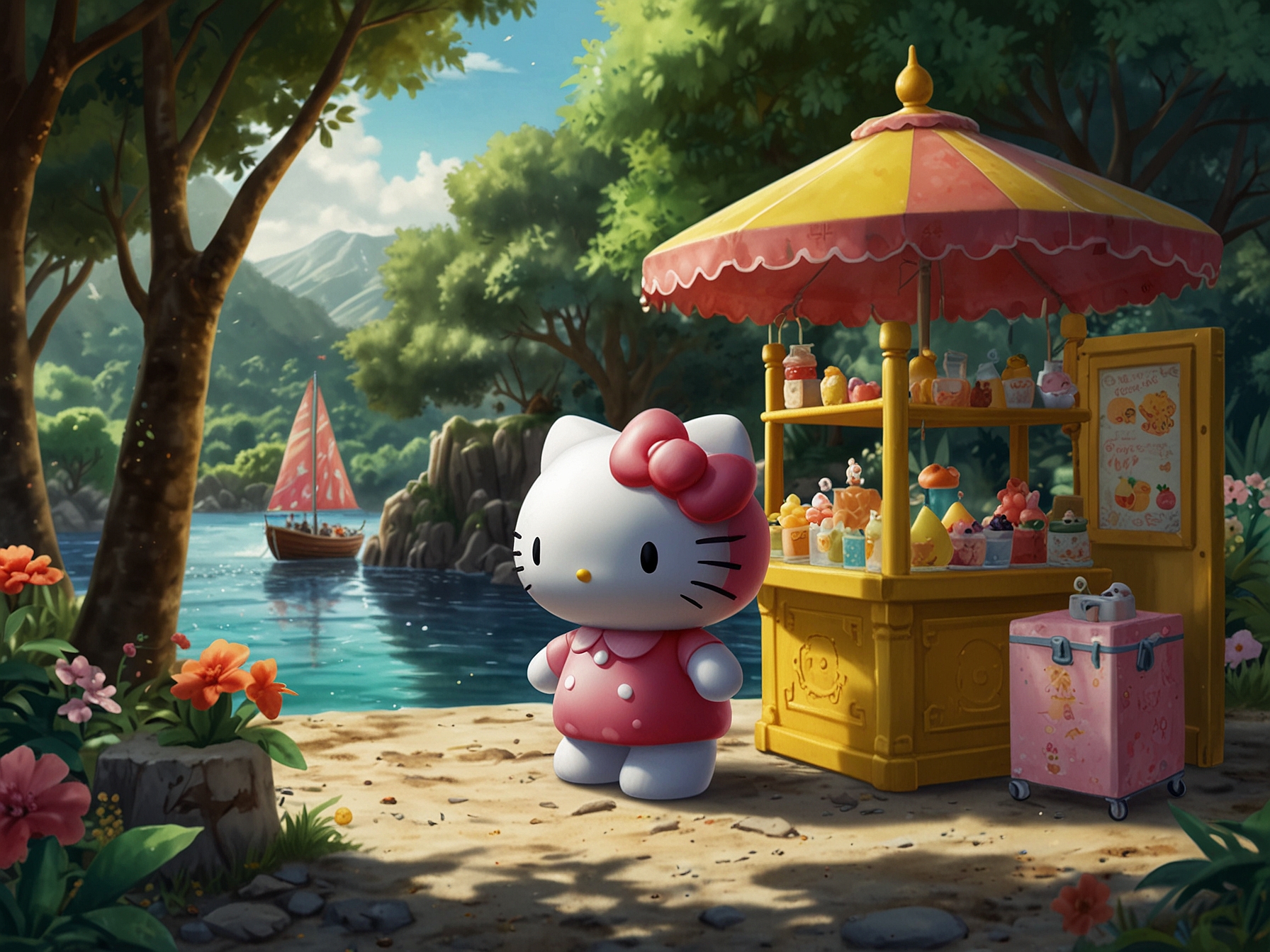 A vibrant scene from Hello Kitty Island Adventure showcasing the new lemonade stand event. Players can join My Melody, collecting and trading lemonade for citrus-themed items and decorations.