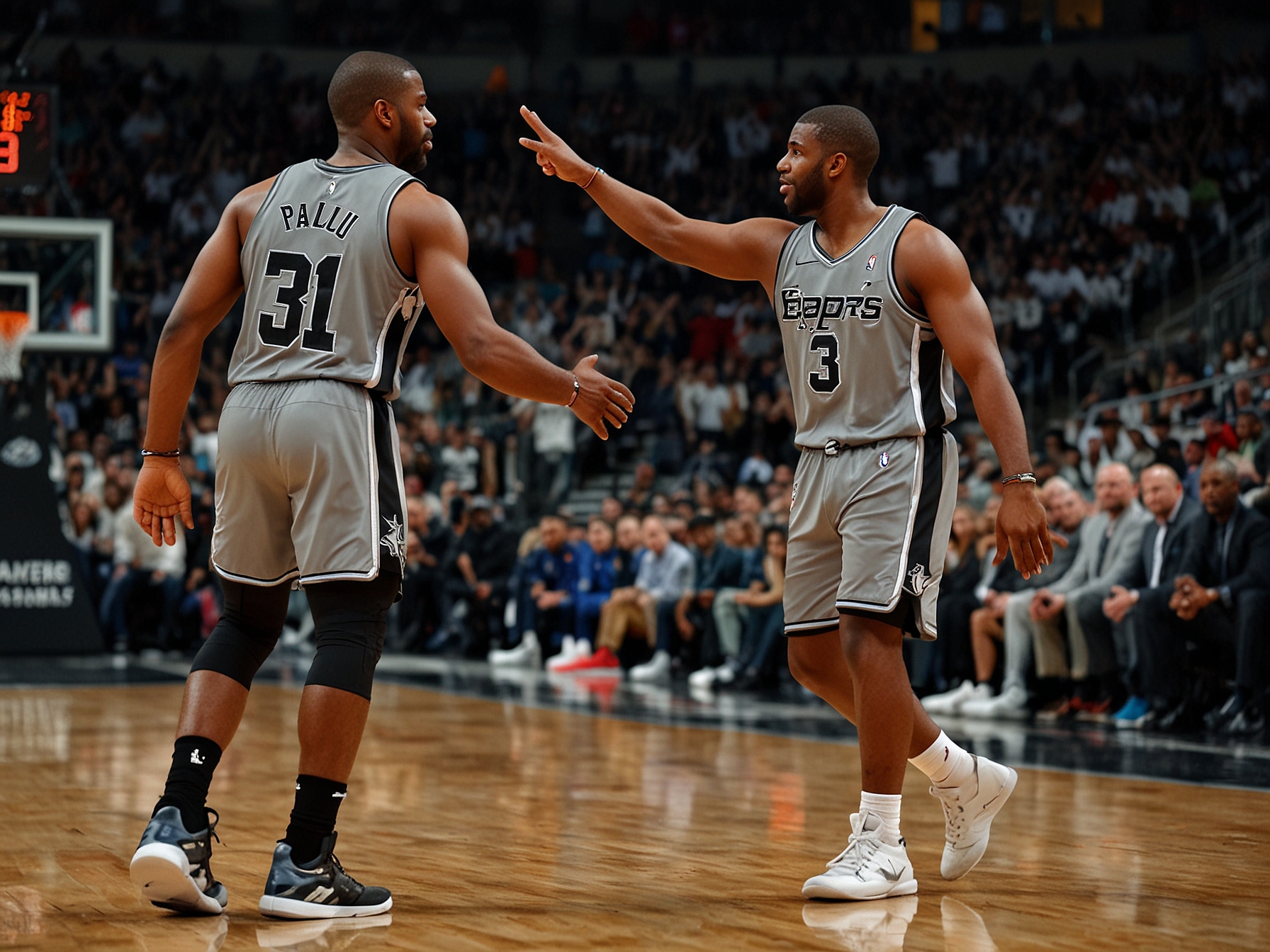 Chris Paul and Victor Wembanyama high-fiving on the court during a game, showcasing their budding partnership and Paul's mentorship in the Spurs' journey to NBA success.
