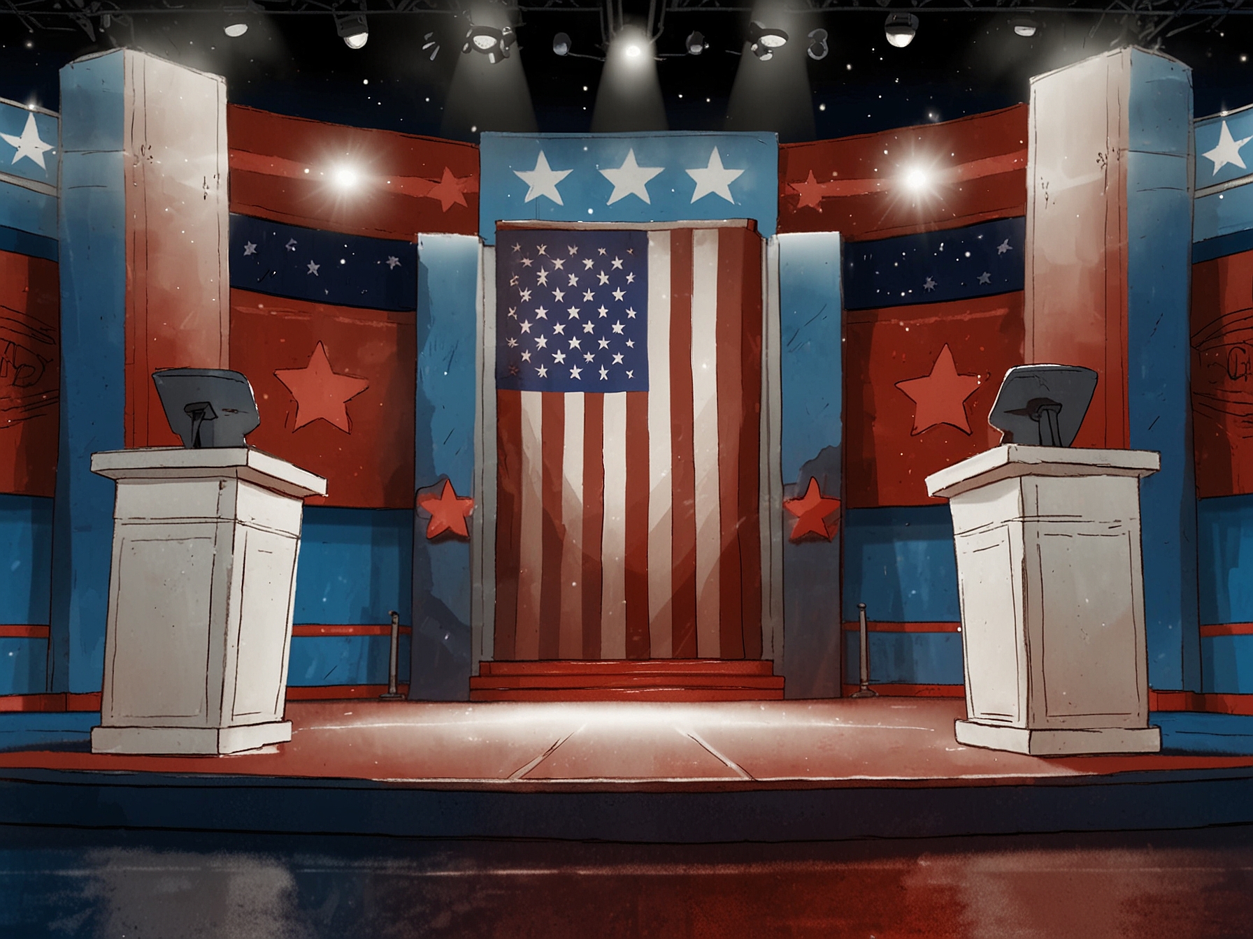 A stage set for a presidential debate, with empty podiums and the American flag in the background, symbolizing the minimal impact debates have on the election outcome according to Allan Lichtman.
