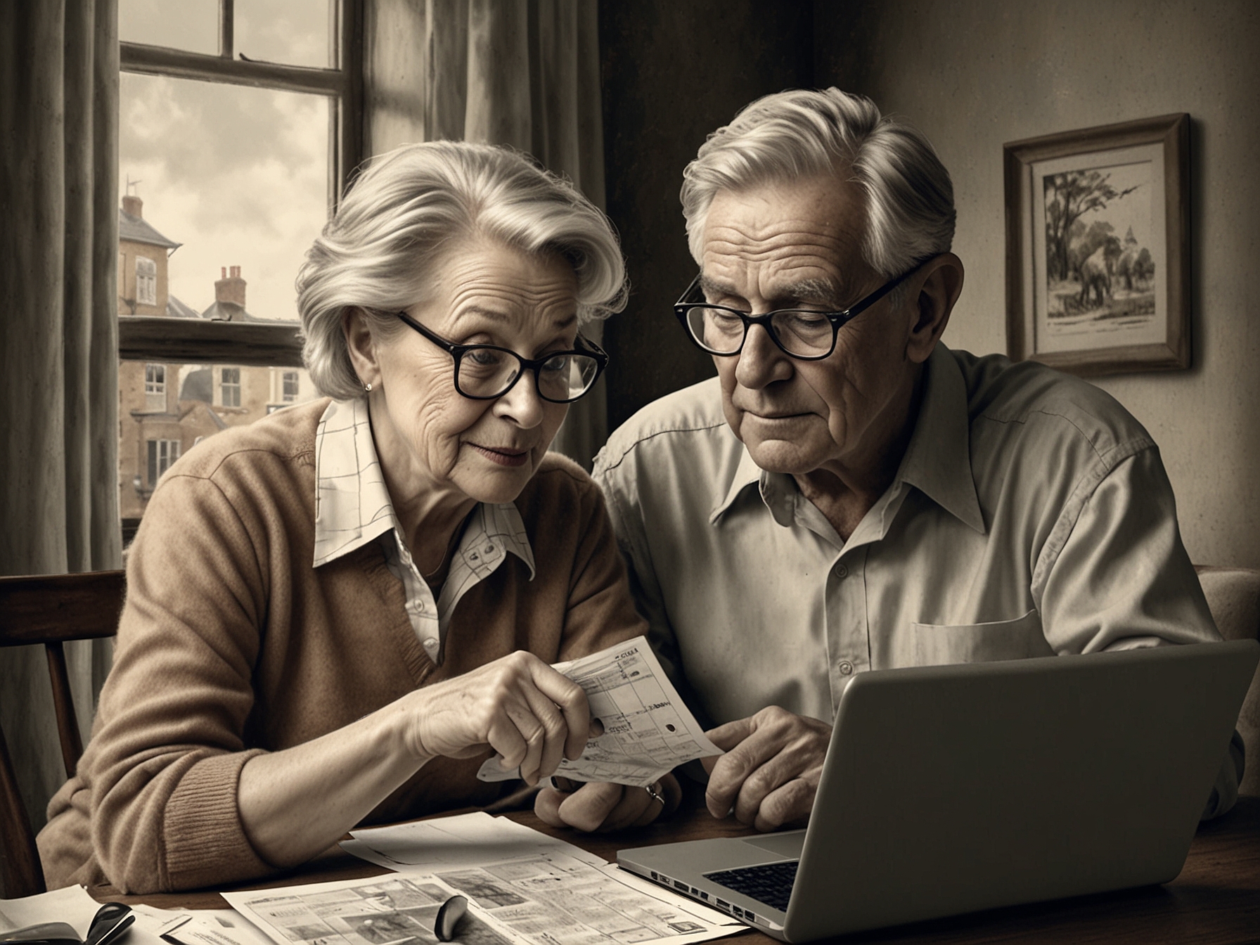 An image of a senior couple reviewing their savings statements on a laptop, symbolizing the appeal of Cash Isas for retirees seeking secure and accessible tax-efficient savings options.