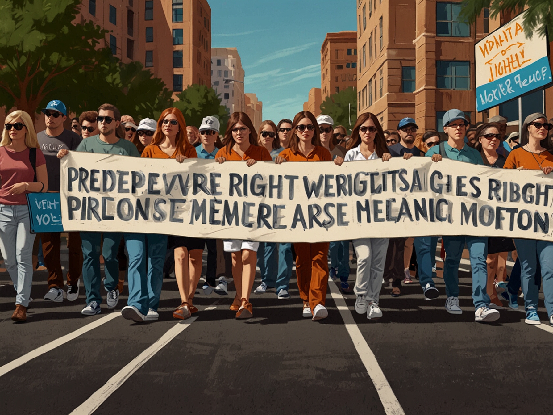 A group of pro-choice advocates in Arizona hold a large banner stating 'Reproductive Rights are Human Rights' as they march to deliver 800,000 petition signatures for the abortion ballot measure.