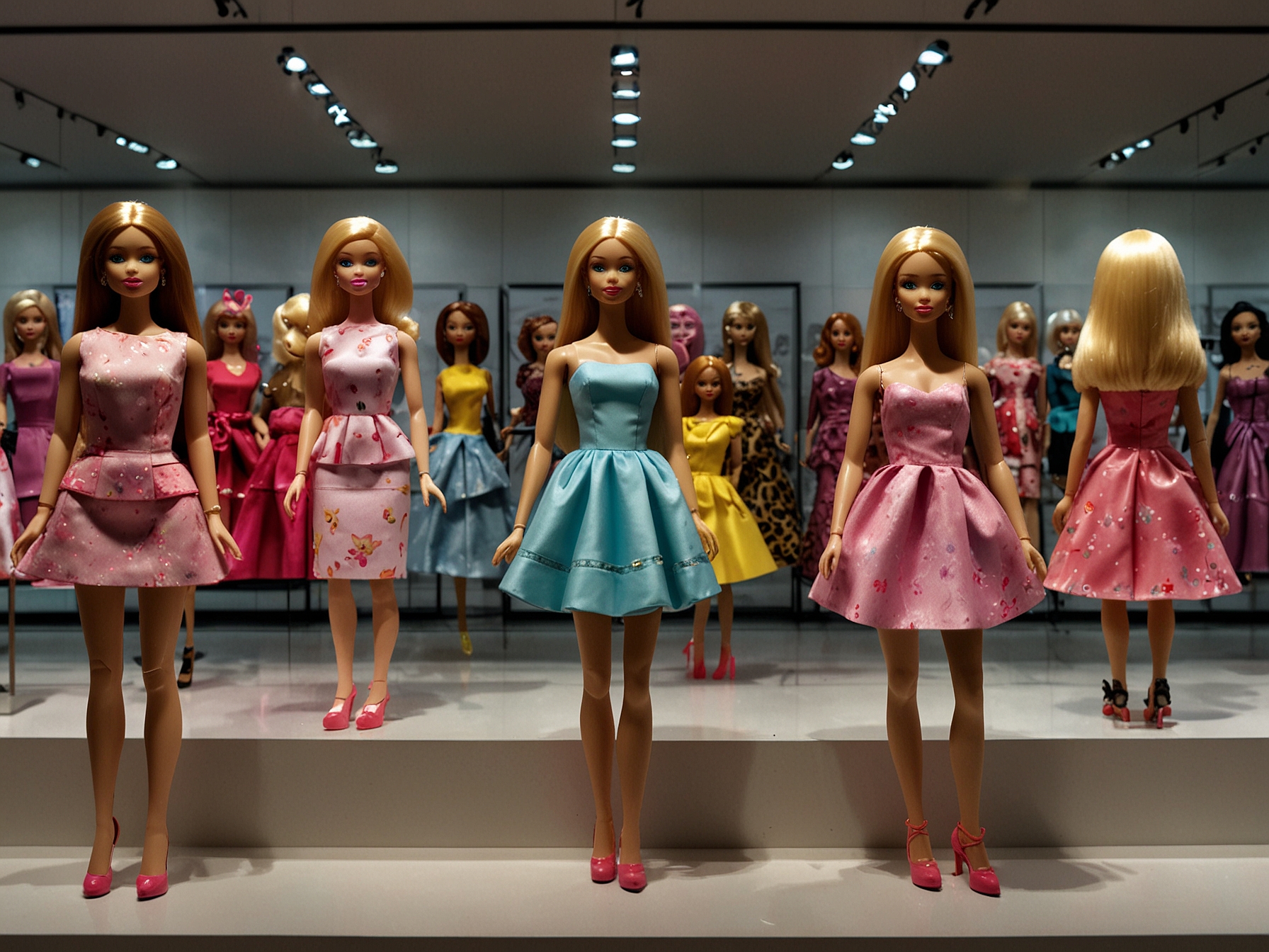 A panoramic view of the Barbie exhibit at the Design Museum, featuring a display of diverse Barbie dolls from different eras, showcasing fashion trends and technological innovations.