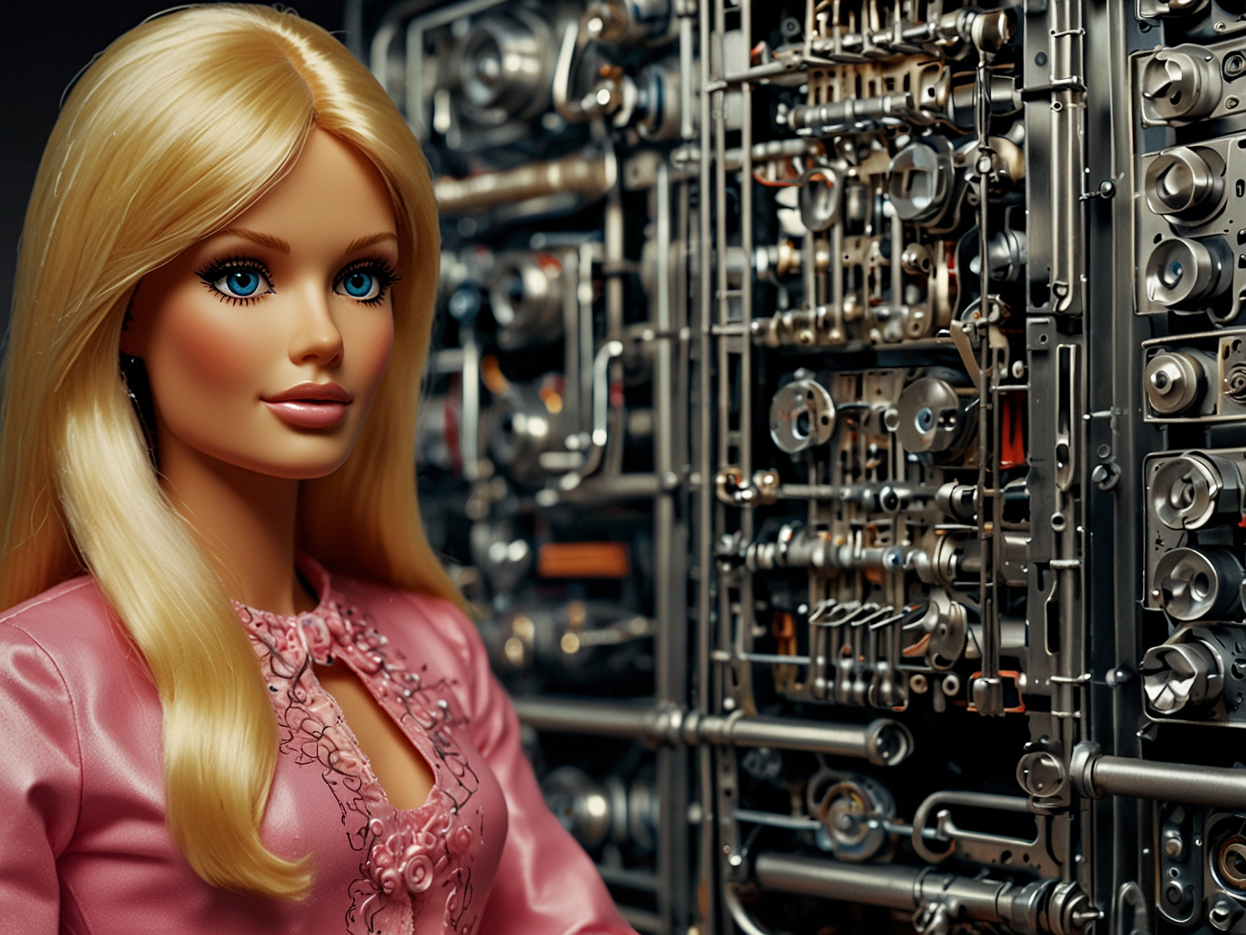 Close-up of the 'talking Barbie' from 1968 with its mechanical insides exposed, illustrating the ingenuity and complexity behind the toy's design and production process.